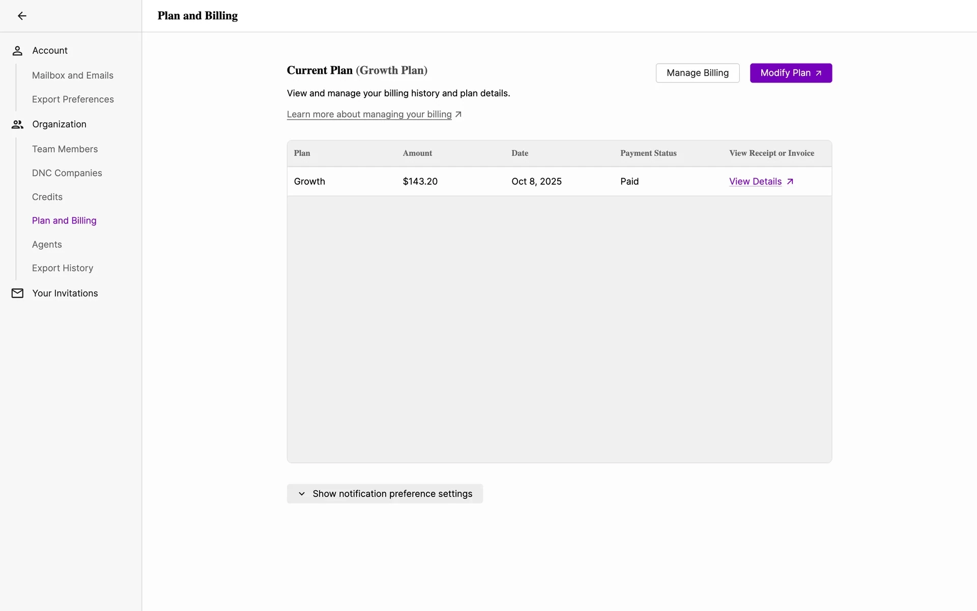 Juicebox Plan and Billing page showing Current Plan (Growth Plan), Manage Billing and Modify Plan buttons, and a billing history row with a paid Growth charge