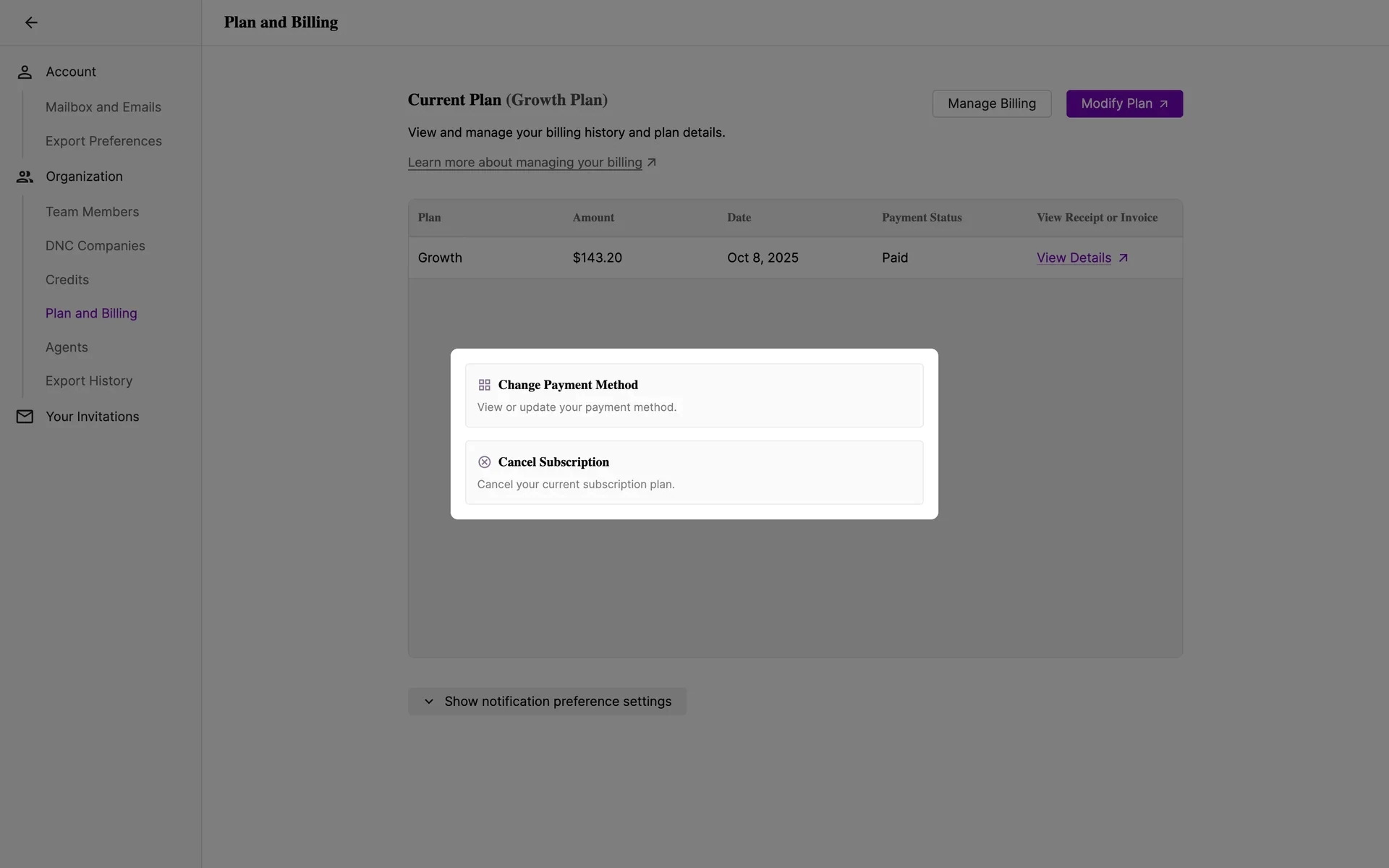 Manage Billing modal with two options: Change Payment Method and Cancel Subscription labeled Cancel your current subscription plan