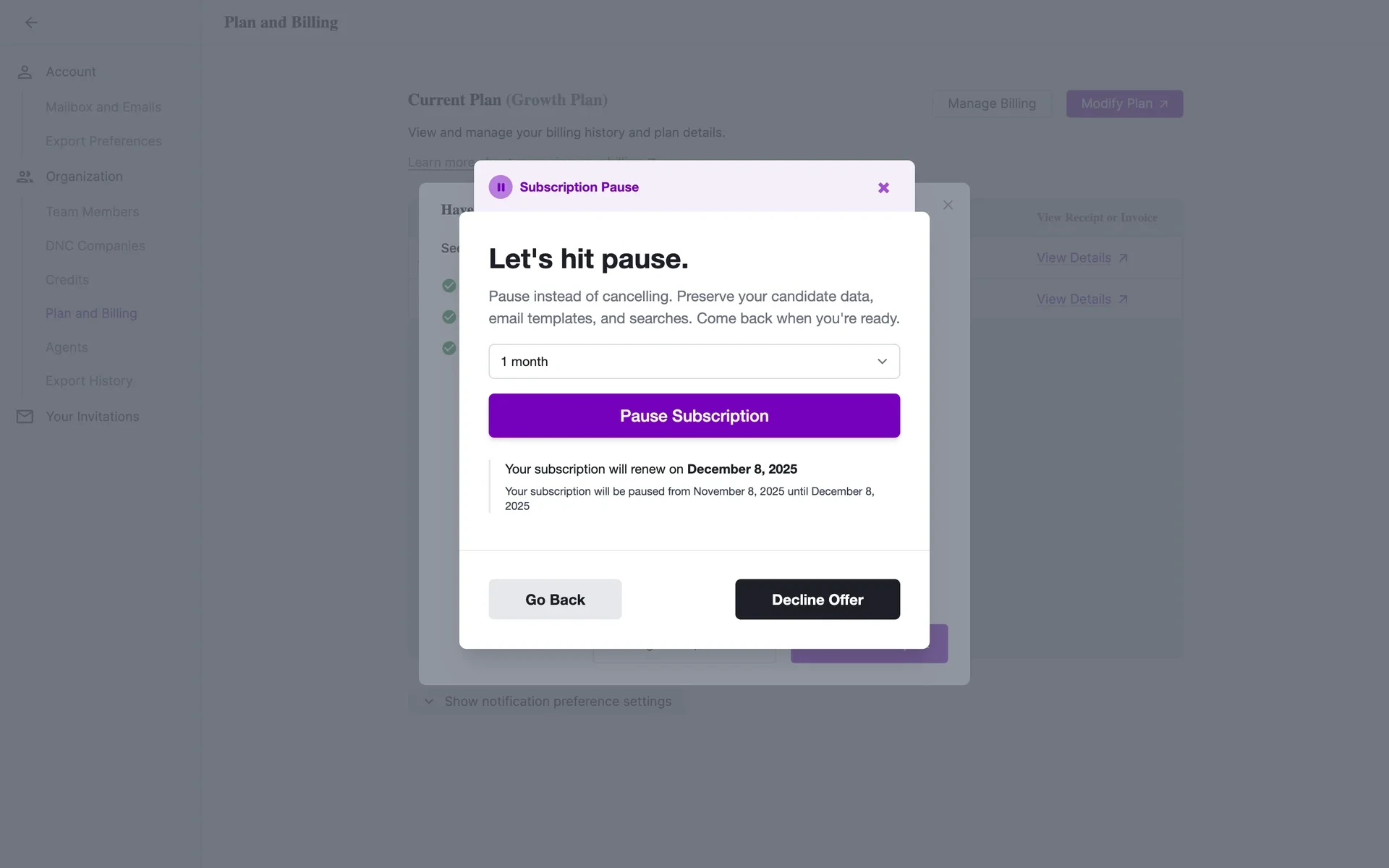 Subscription Pause modal with Let's hit pause copy, a 1 month duration dropdown, purple Pause Subscription button, and Decline Offer to continue canceling