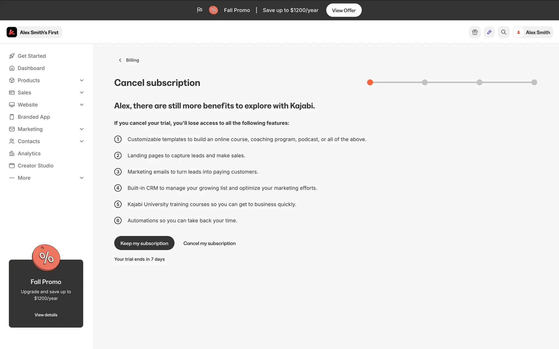 Kajabi Cancel subscription page at step 1 of a four-dot progress bar, headed "Alex, there are still more benefits to explore with Kajabi." with six numbered features you lose, a dark Keep my subscription button, a plain Cancel my subscription link and "Your trial ends in 7 days" underneath