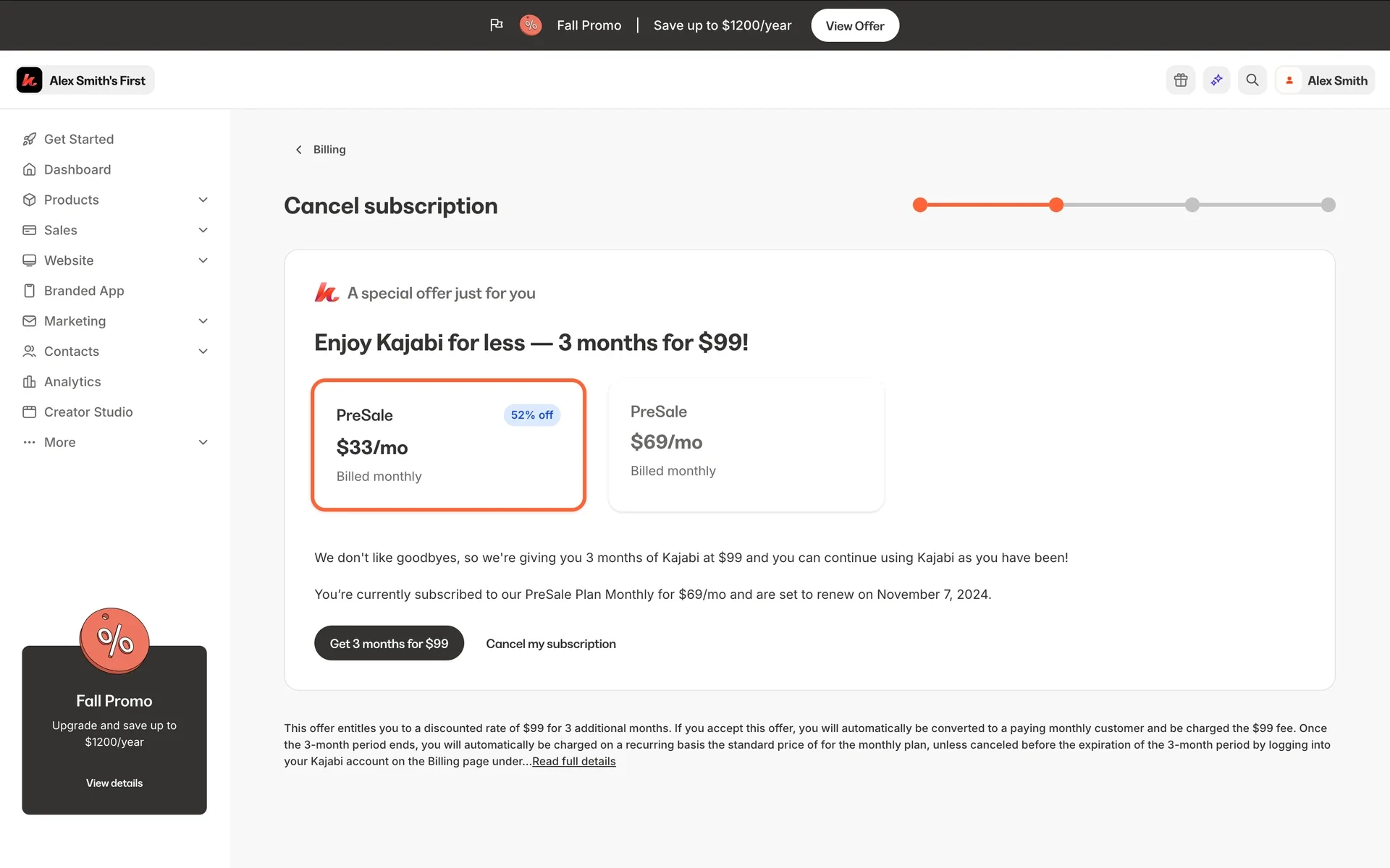 Kajabi offer at step 2 headed "A special offer just for you" and "Enjoy Kajabi for less, 3 months for $99!", comparing a highlighted PreSale card at $33/mo with a 52% off badge against PreSale at $69/mo, with a dark Get 3 months for $99 button, a plain Cancel my subscription link and fine print about converting to a paying monthly customer