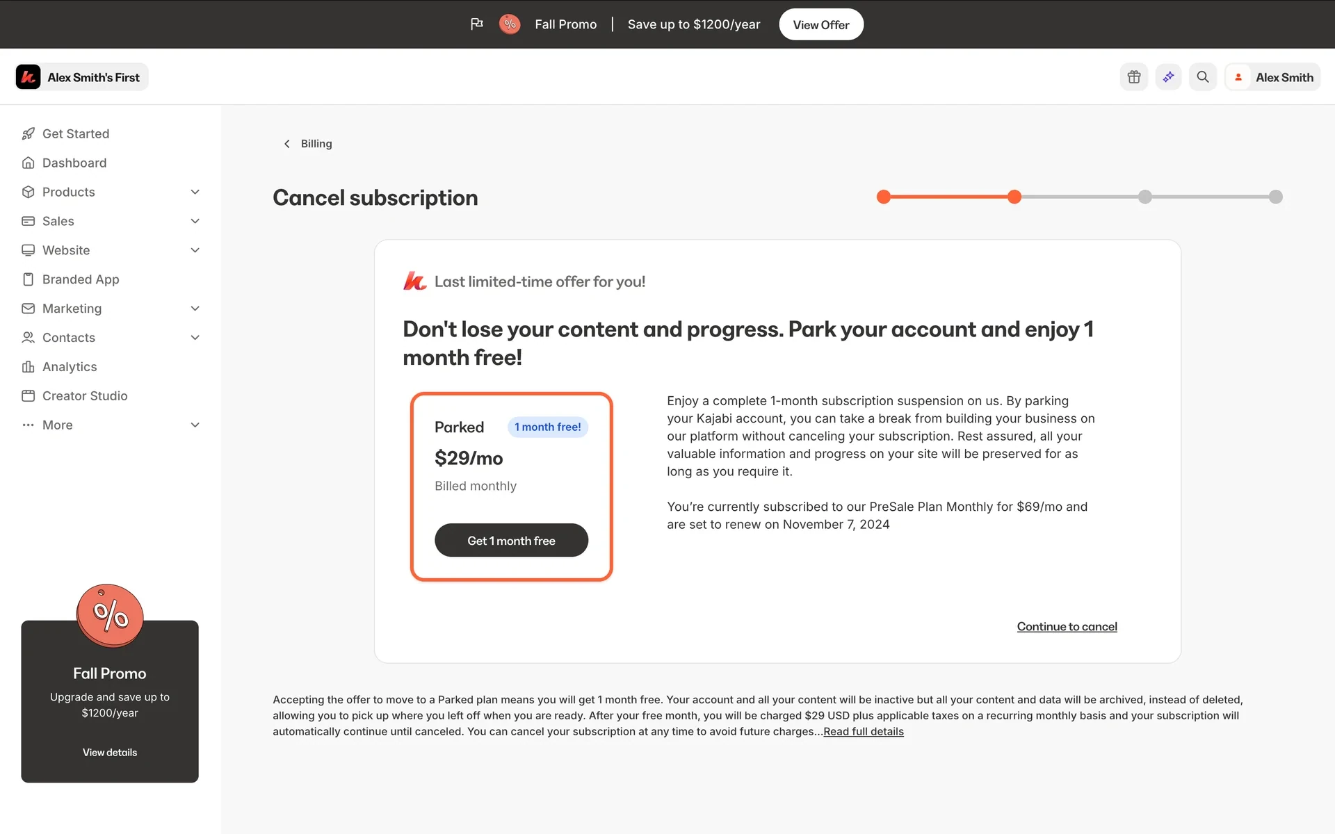Kajabi offer headed "Last limited-time offer for you!" and "Don't lose your content and progress. Park your account and enjoy 1 month free!" with a Parked card at $29/mo billed monthly, a 1 month free! badge and a Get 1 month free button, a Continue to cancel link at the bottom right, and fine print saying $29 USD plus taxes is charged monthly after the free month