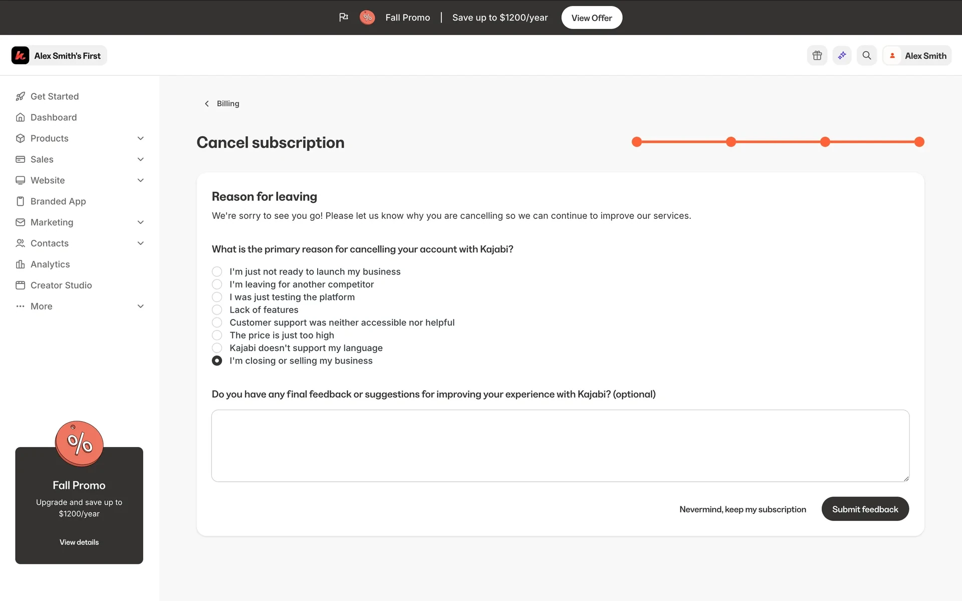 Kajabi Cancel subscription page at step 4 of 4 titled Reason for leaving, with eight reason options and "I'm closing or selling my business" selected, an optional final feedback box, a Nevermind, keep my subscription link and a dark Submit feedback button
