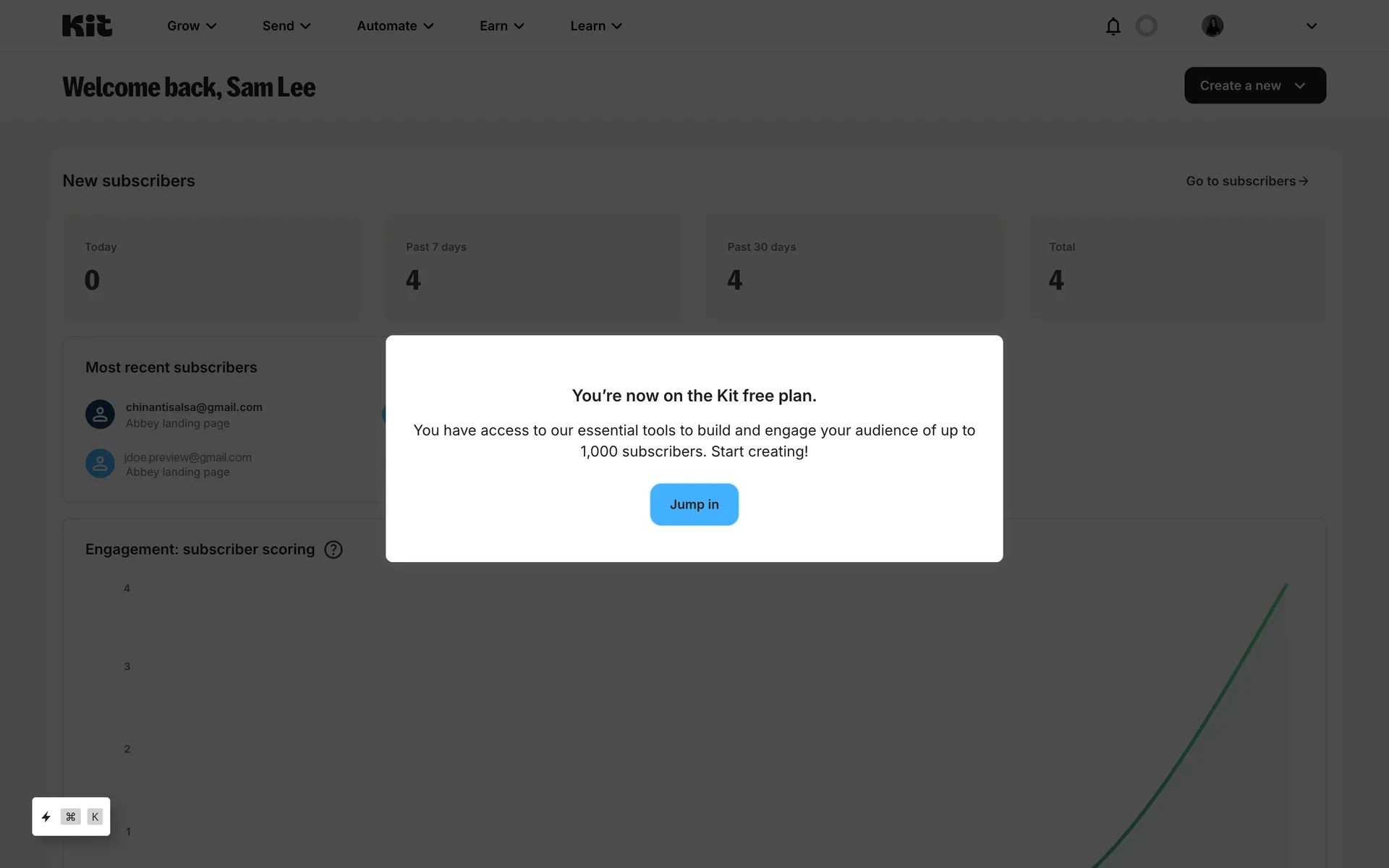 Kit confirmation modal stating You're now on the Kit free plan with a blue Jump in button over the dashboard