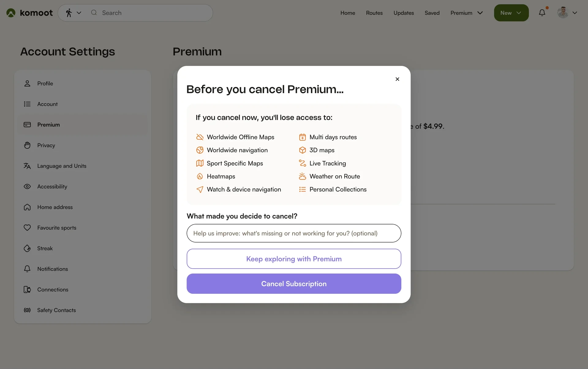 komoot Before you cancel Premium modal listing 14 features you will lose access to, an optional cancellation reason text box, a Keep exploring with Premium button, and a purple Cancel Subscription button