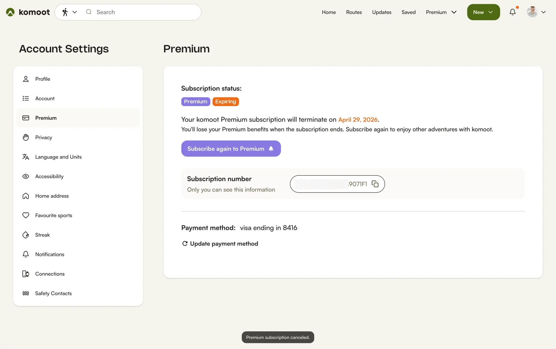 komoot Premium page after cancellation showing an Expiring status badge, the termination date, a Subscribe again to Premium button, and a Premium subscription canceled toast