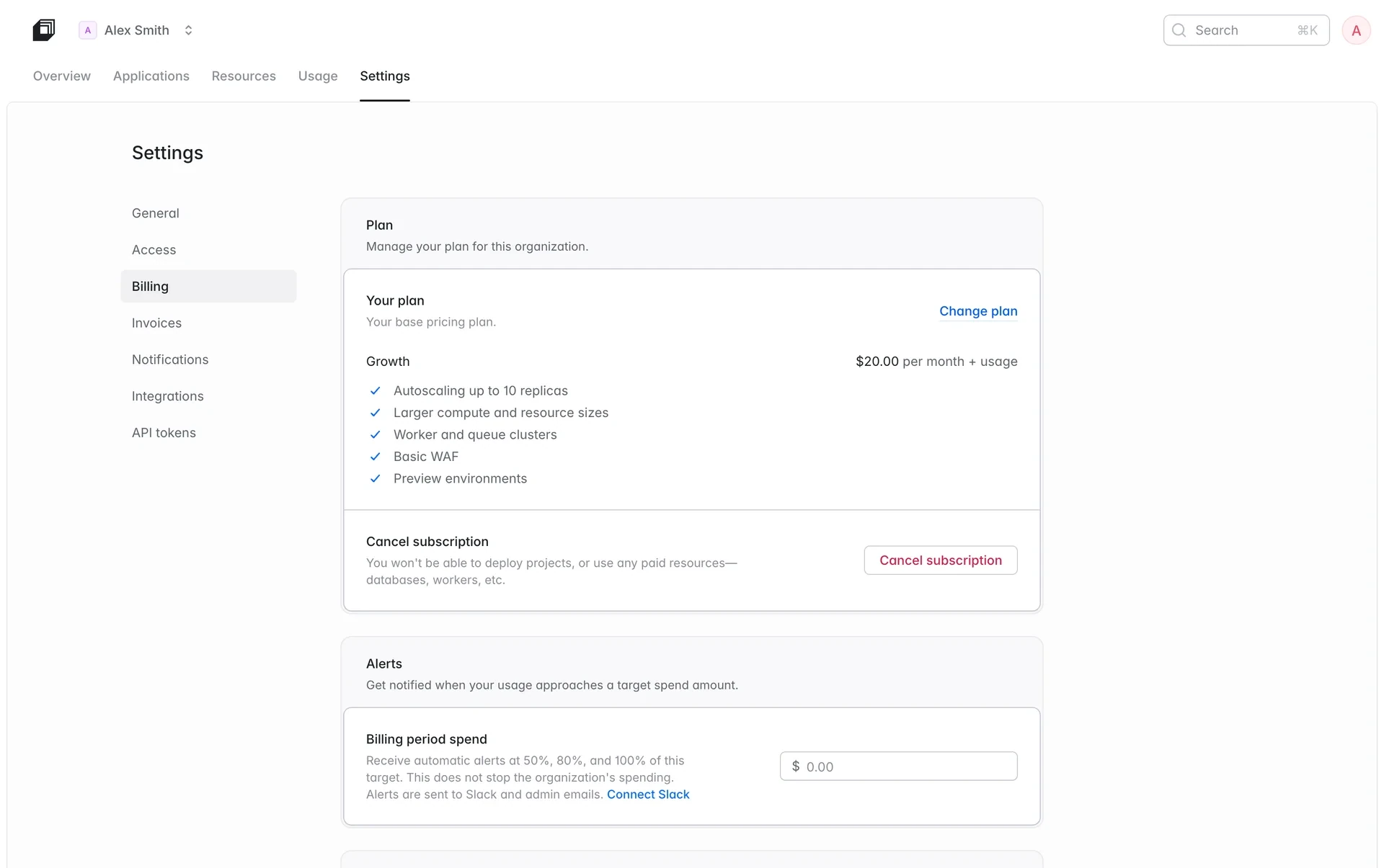 Laravel Cloud Settings Billing page showing the Growth plan at $20.00 per month plus usage, feature checklist, and a red Cancel subscription button