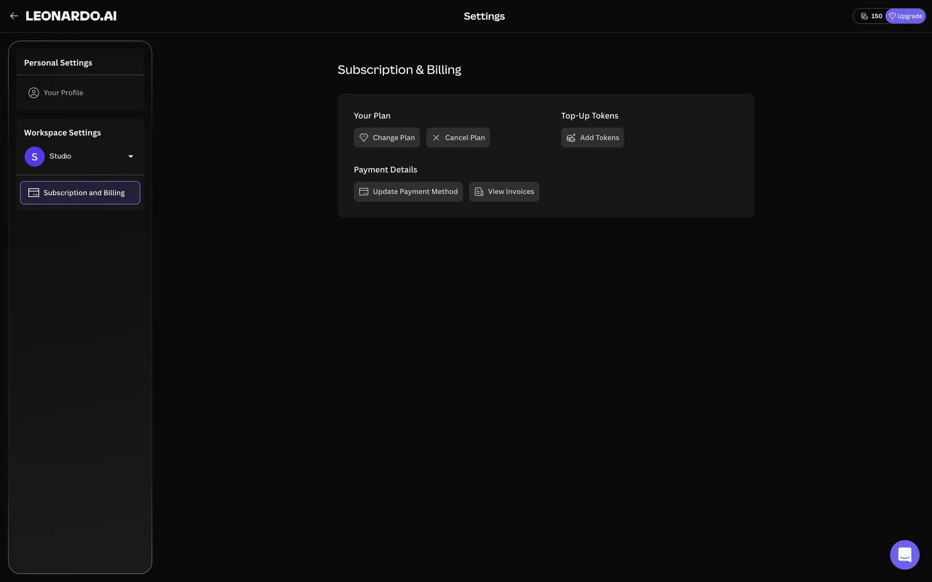 Leonardo AI Settings page on the Subscription and Billing tab, showing Your Plan with Change Plan and Cancel Plan buttons, a Top-Up Tokens section with Add Tokens, and Payment Details with Update Payment Method and View Invoices buttons