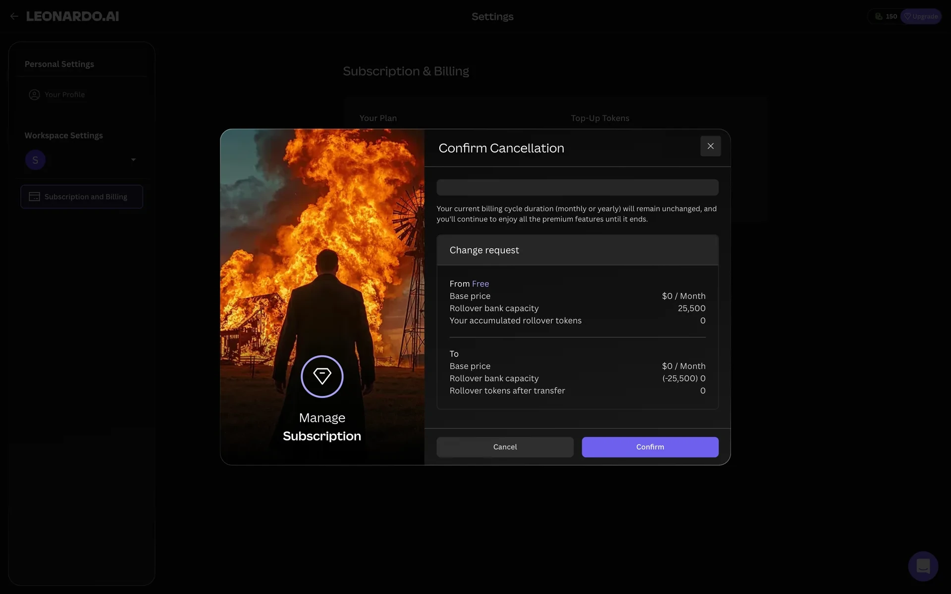 Confirm Cancellation modal with a Change request summary showing base price and rollover bank capacity for the current plan and the Free plan it changes to, a note that the billing cycle duration remains unchanged until it ends, and Cancel and purple Confirm buttons