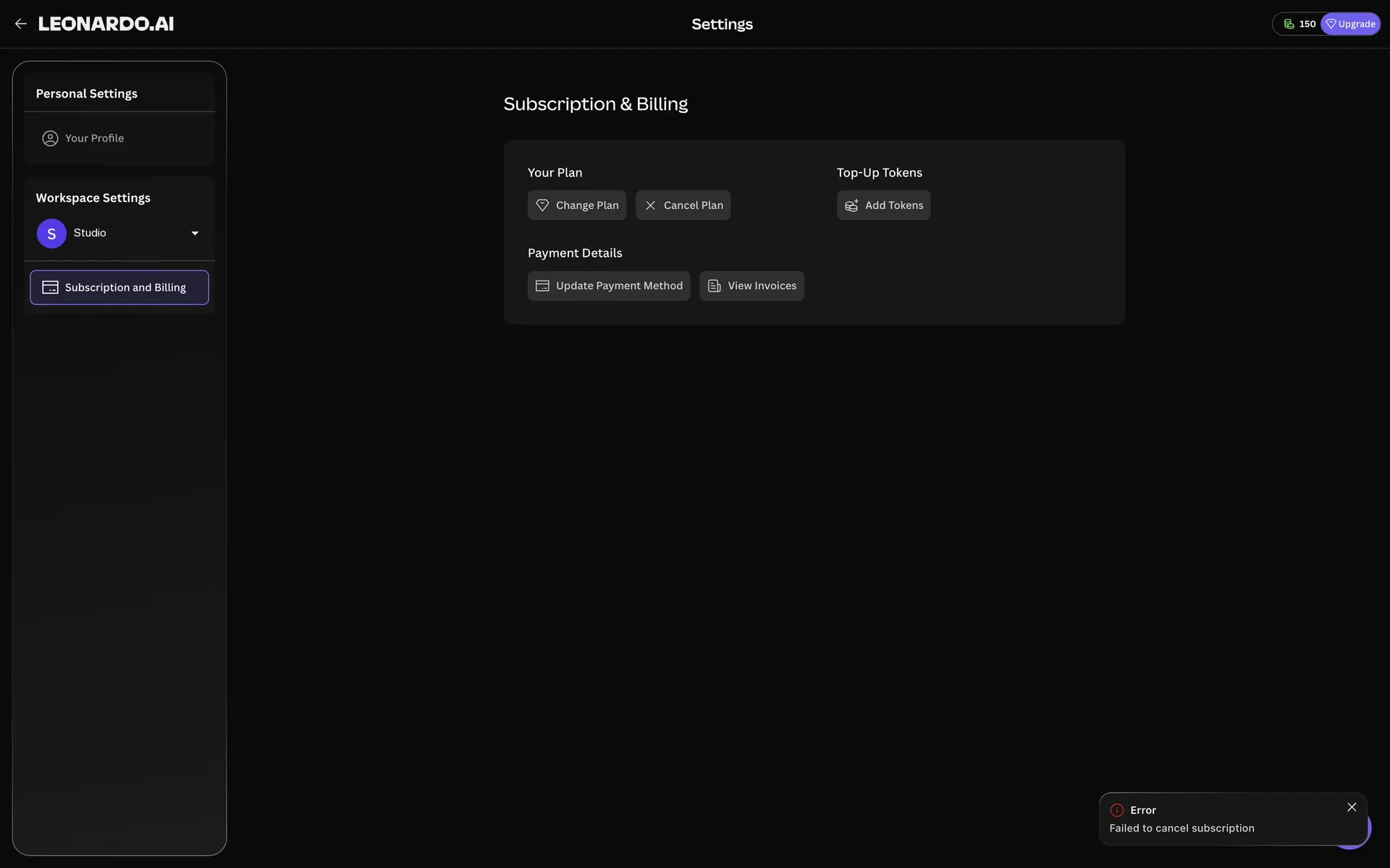 Leonardo AI Subscription and Billing page with a red error toast in the bottom-right corner reading Error, Failed to cancel subscription