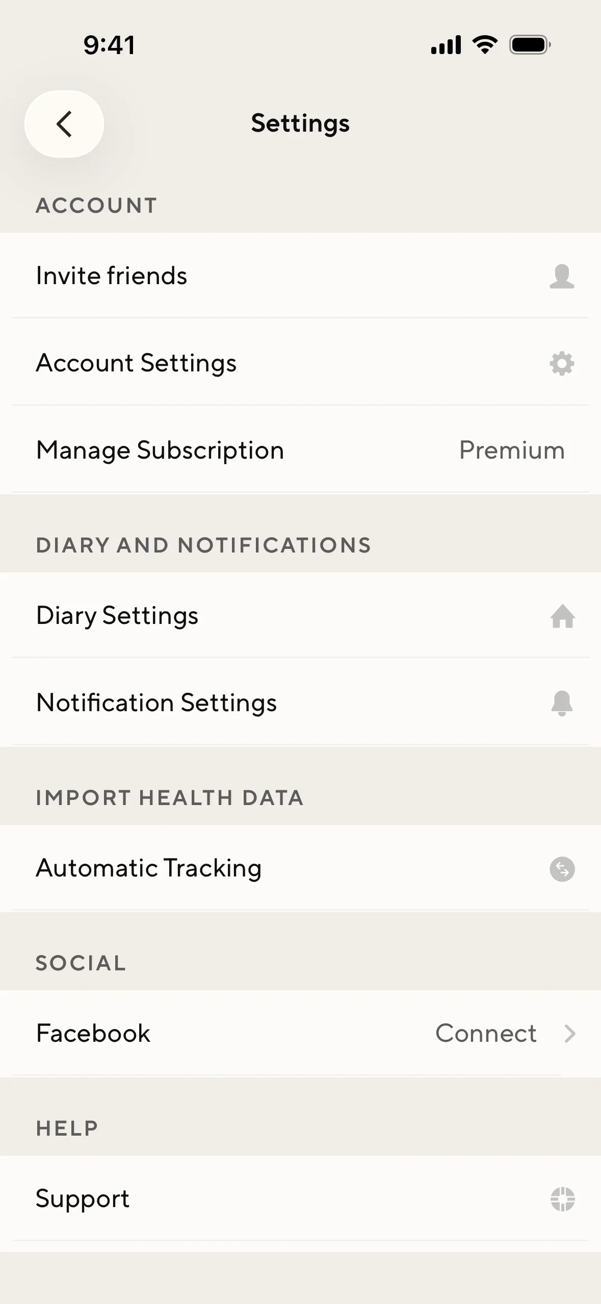 Lifesum iOS Settings under Account, showing Invite friends, Account Settings, and Manage Subscription with Premium on the right, plus Diary Settings and Notification Settings below