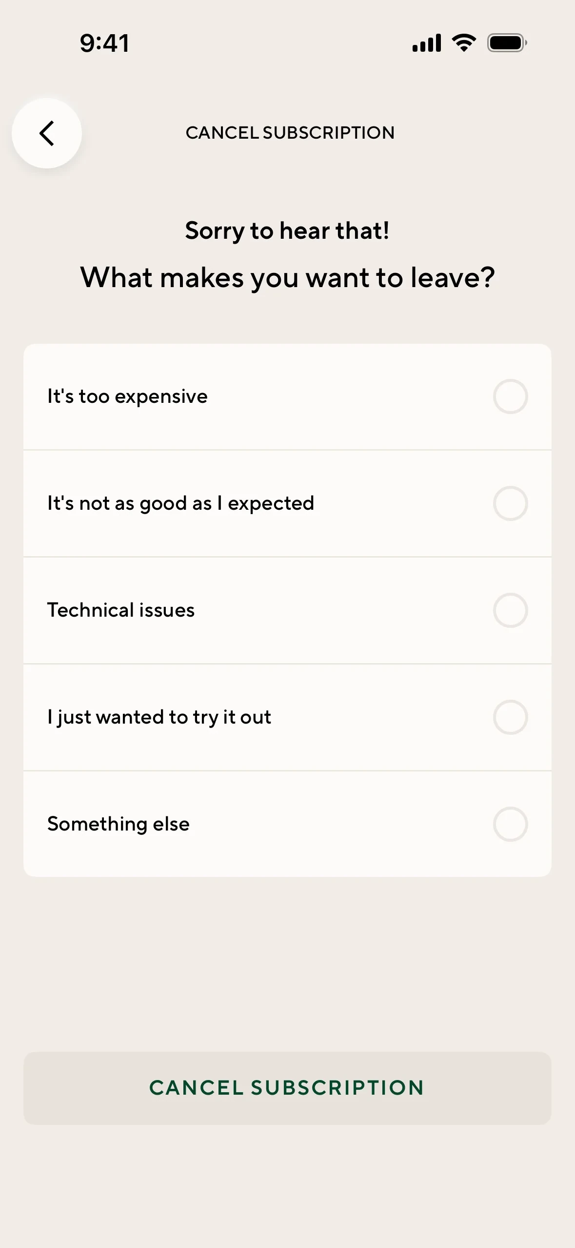 Lifesum Cancel subscription survey asking What makes you want to leave, with five empty radio options and a Cancel subscription control that is not highlighted