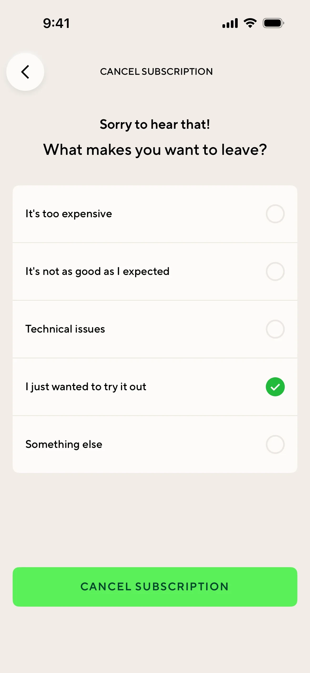 Same leave survey with I just wanted to try it out selected and a green Cancel subscription button enabled