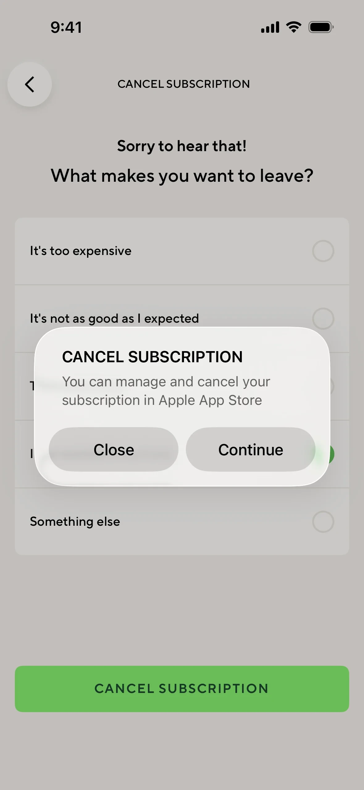 Lifesum dialog titled Cancel subscription reading You can manage and cancel your subscription in Apple App Store, with Close and Continue buttons over the leave survey