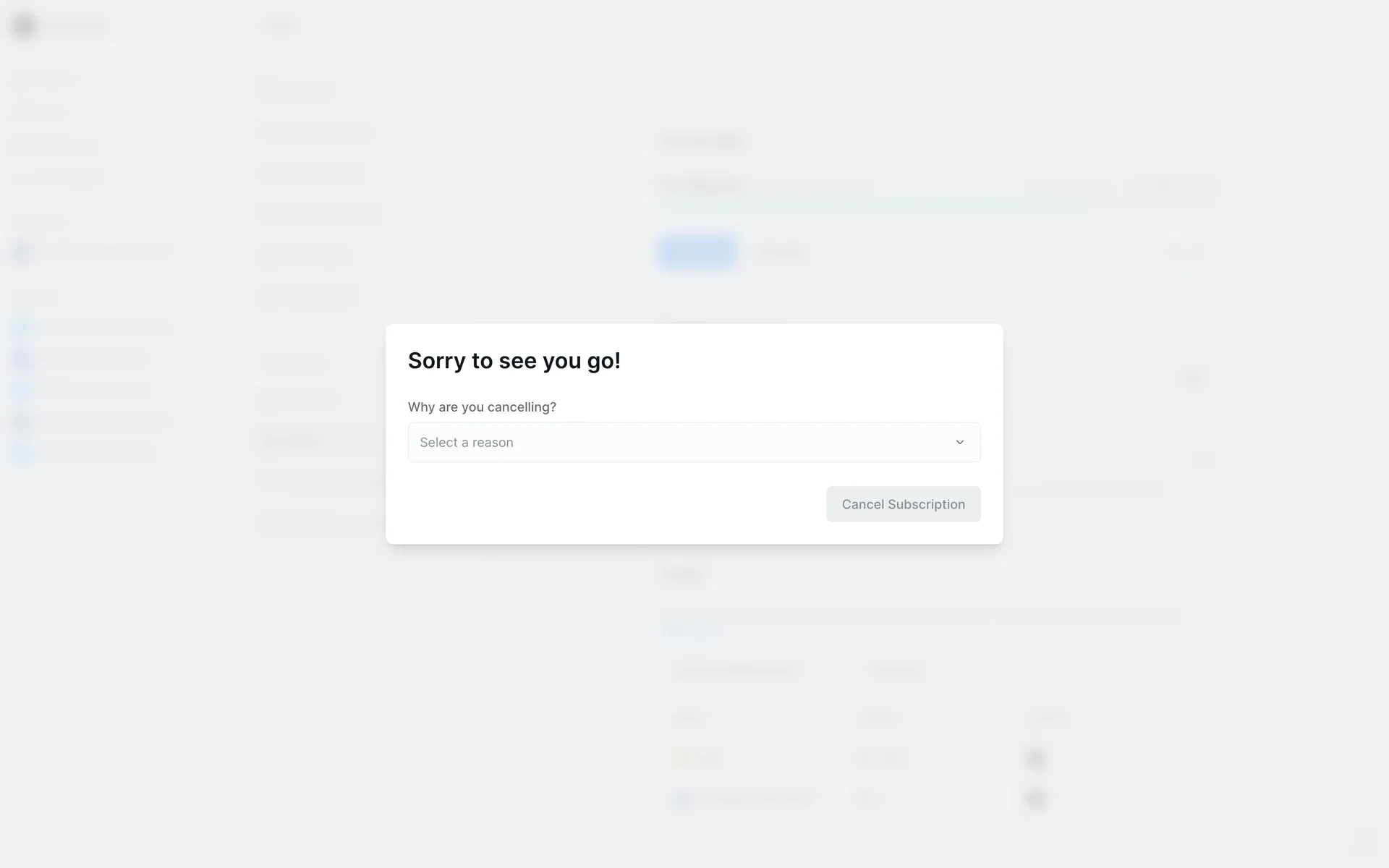 Lindy cancellation dialog asking why are you cancelling with a Select a reason dropdown and a disabled Cancel Subscription button