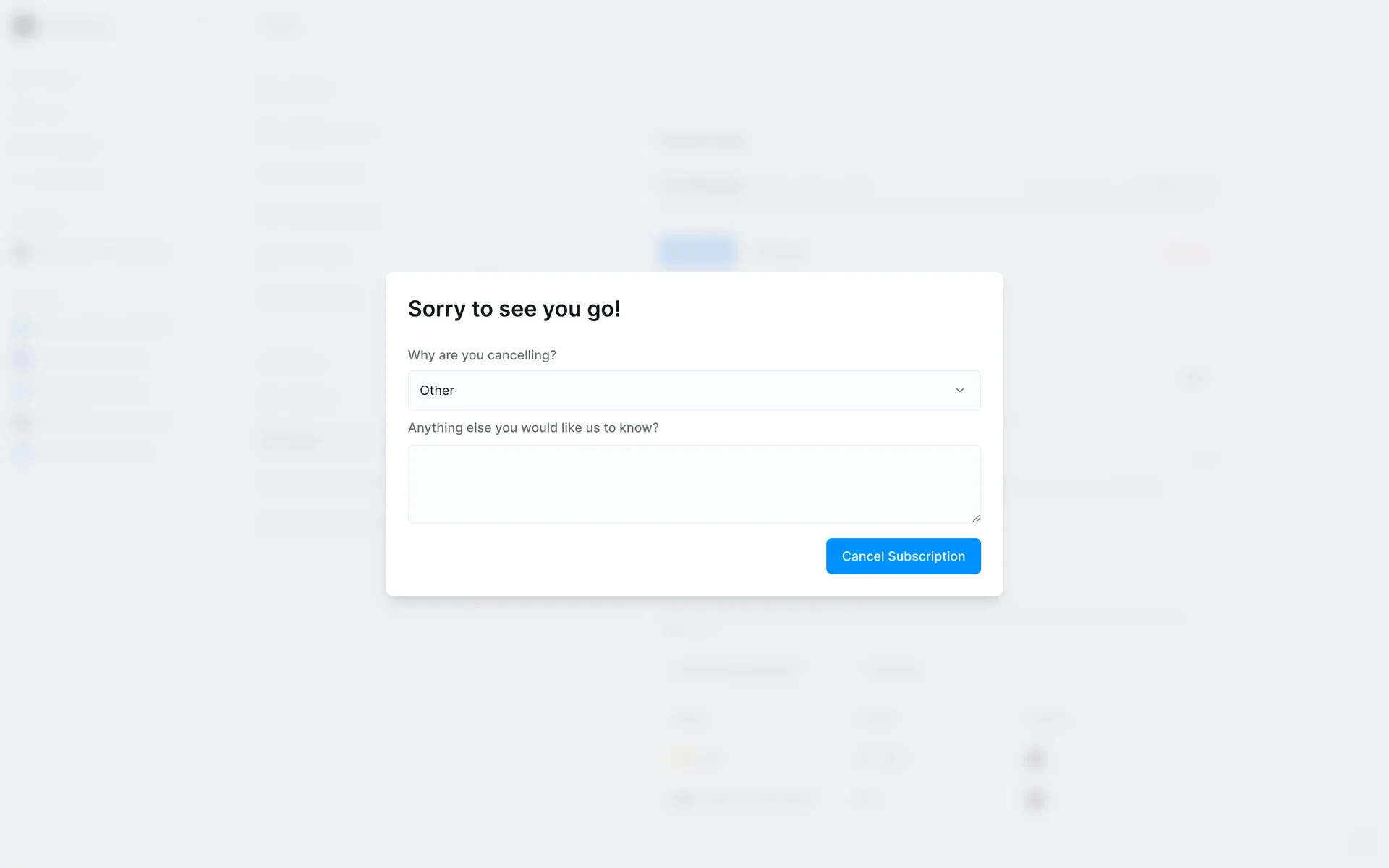 Lindy cancellation dialog with Other selected as the reason, an optional feedback box, and an active blue Cancel Subscription button