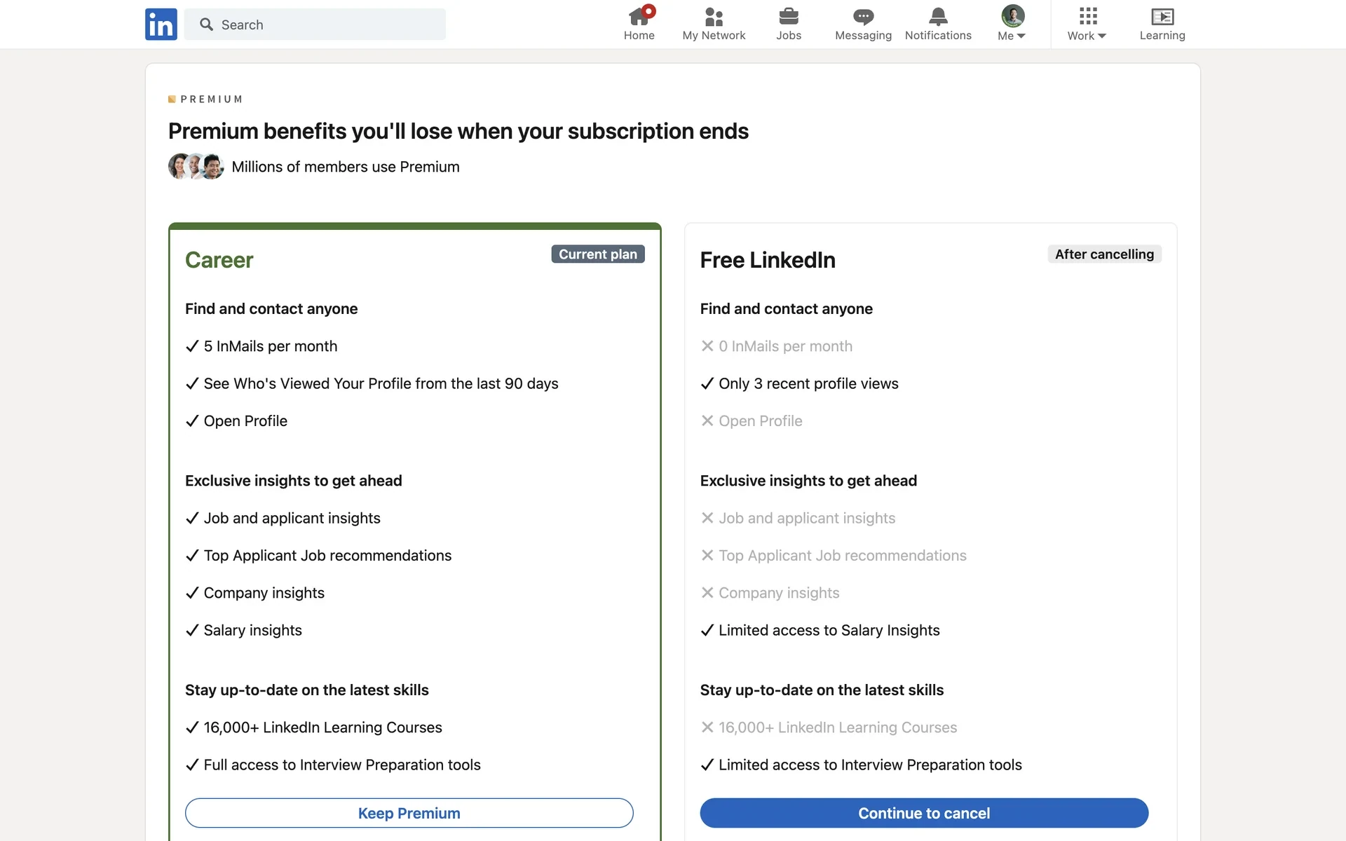 LinkedIn Premium benefits you'll lose comparison with Career marked Current plan versus Free LinkedIn After cancelling, Keep Premium on the left and Continue to cancel on the right