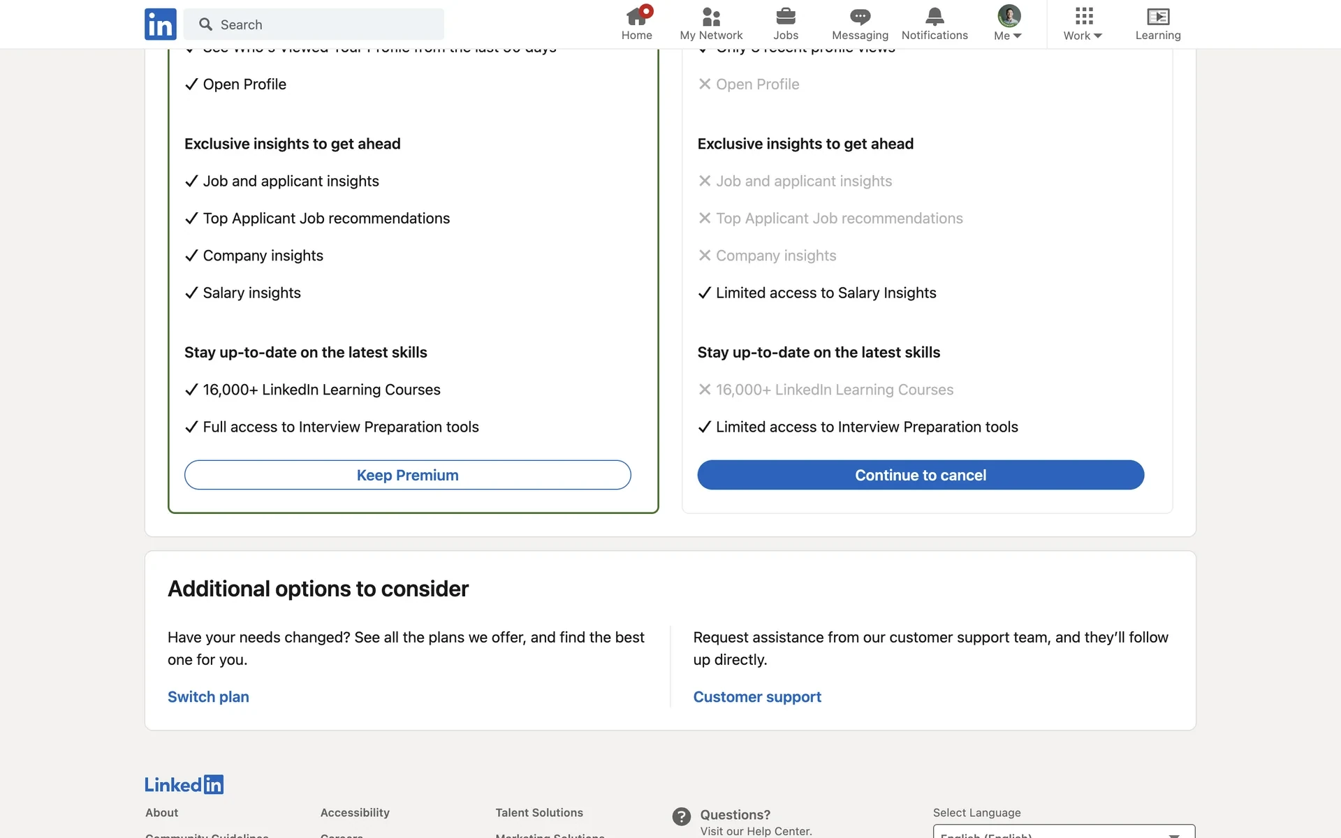 Scrolled cancel page showing Additional options to consider with Switch plan and Customer support links under the Keep Premium and Continue to cancel buttons