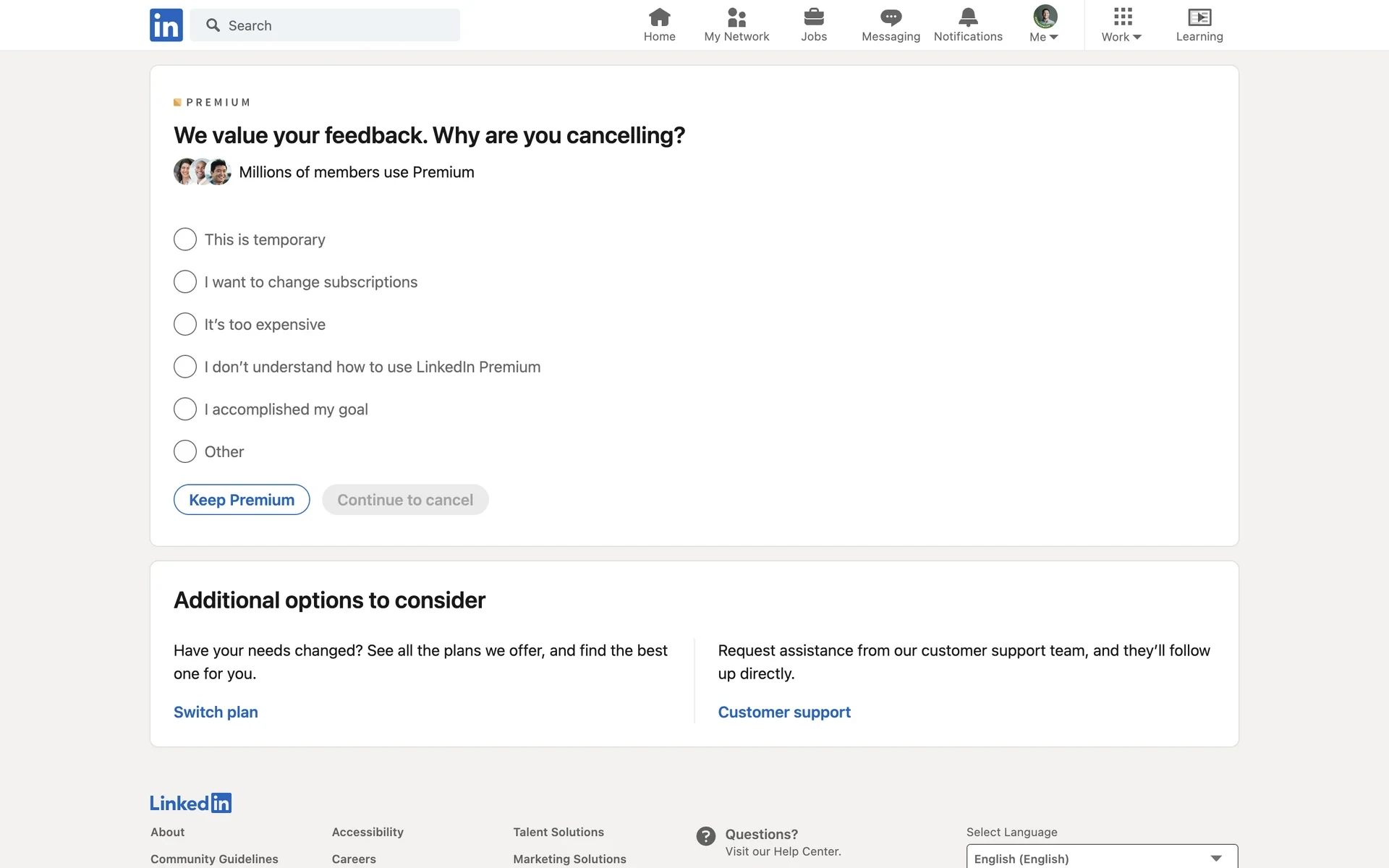 LinkedIn Why are you cancelling survey with six unselected radios and Continue to cancel disabled beside Keep Premium, plus Switch plan and Customer support below