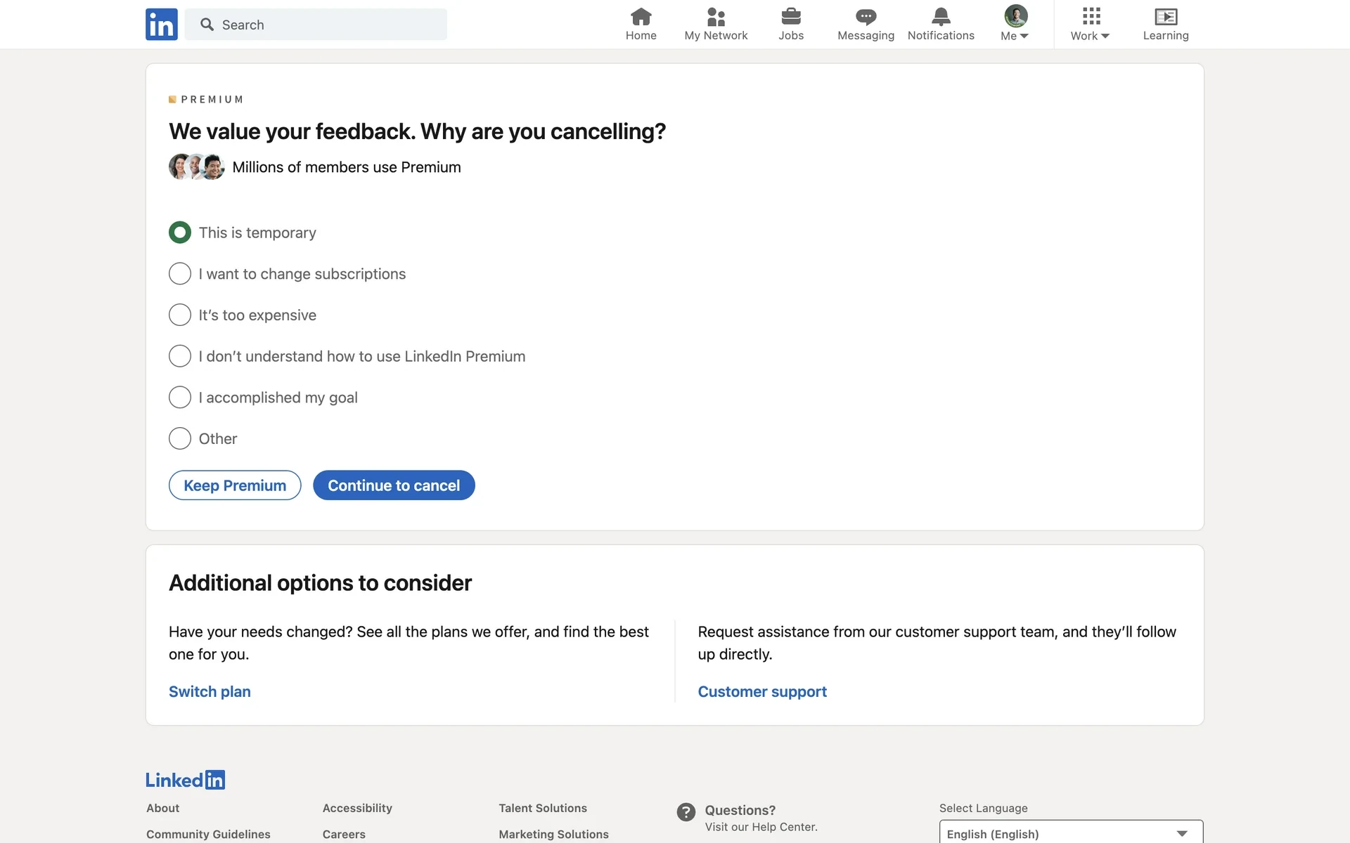 Why are you cancelling survey with This is temporary selected and Continue to cancel enabled beside Keep Premium