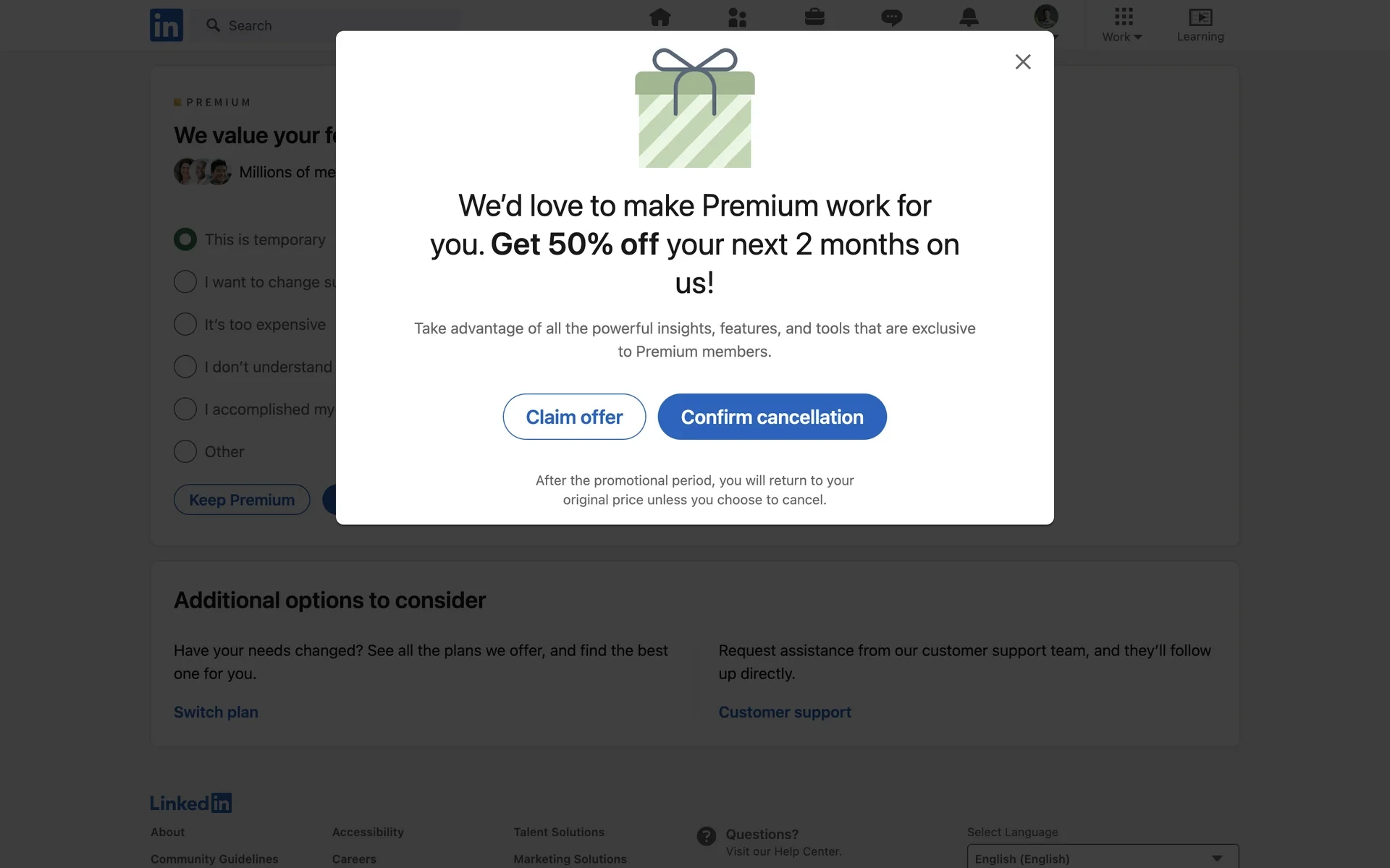LinkedIn save-offer modal reading Get 50% off your next 2 months on us, with Claim offer and Confirm cancellation buttons and a note that the price returns to the original after the promotional period