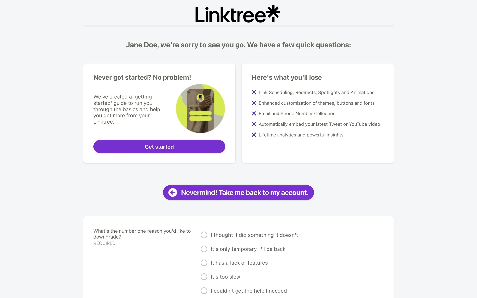 Linktree cancellation screen headed "we're sorry to see you go", a "Never got started? No problem!" getting-started card, a "Here's what you'll lose" list of paid features, and a purple "Nevermind! Take me back to my account" button