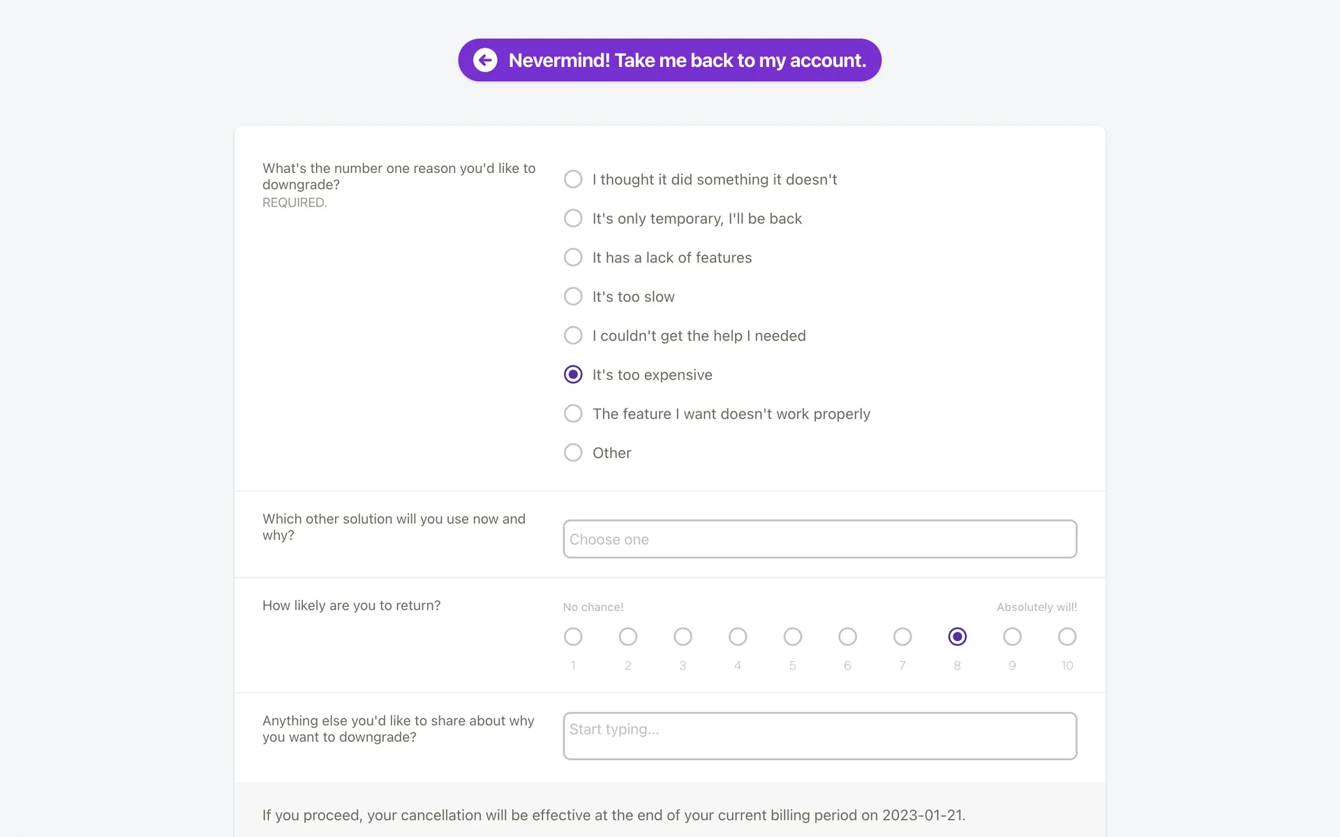 Linktree downgrade survey with "It's too expensive" selected as the reason, an optional "which other solution will you use" field, a 1-to-10 "How likely are you to return?" scale with 8 chosen, and a free-text comment box