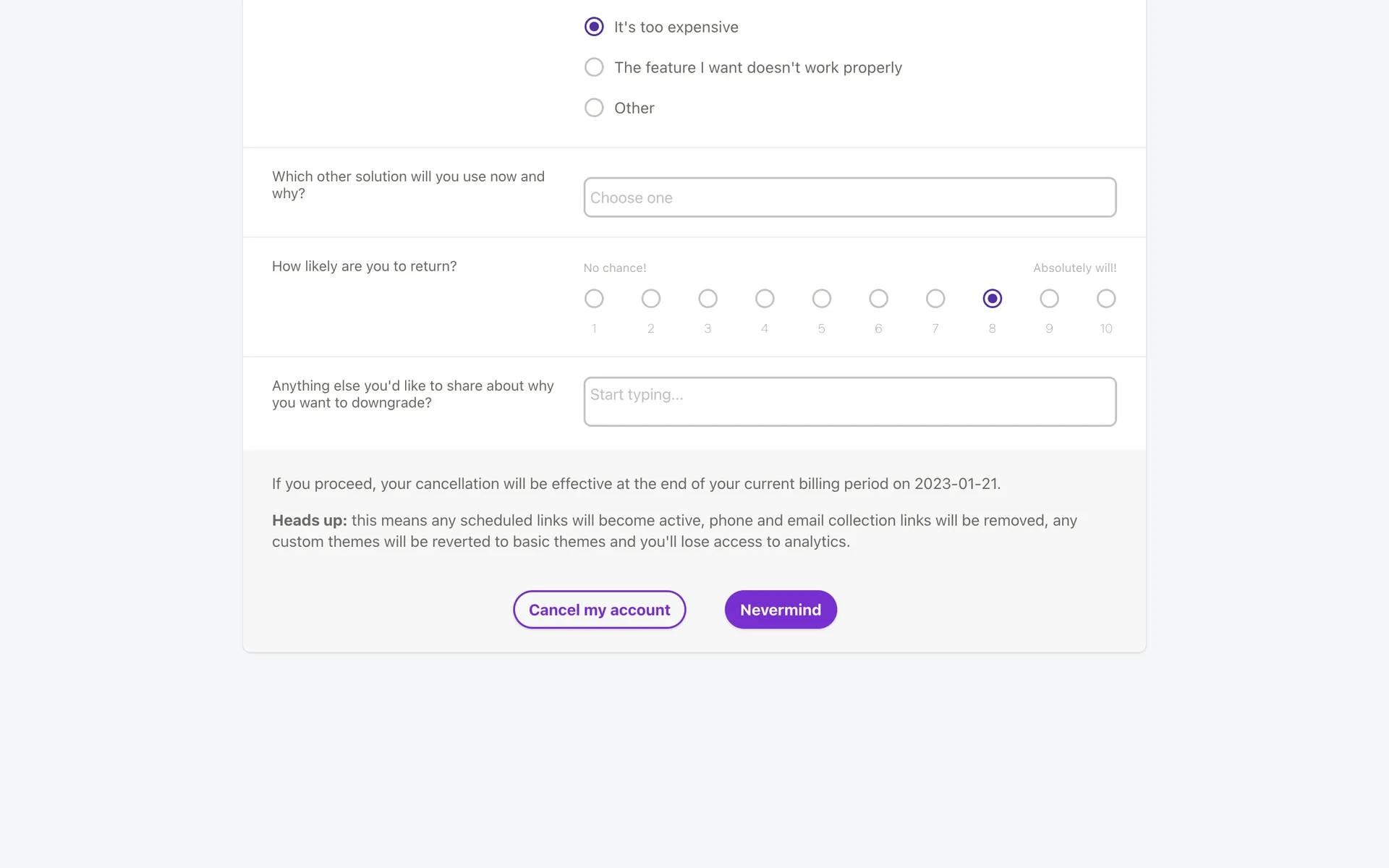 Bottom of the Linktree survey showing a "Heads up" warning that scheduled links activate, phone and email collection links are removed, custom themes revert to basic and analytics access is lost, with "Cancel my account" and "Nevermind" buttons