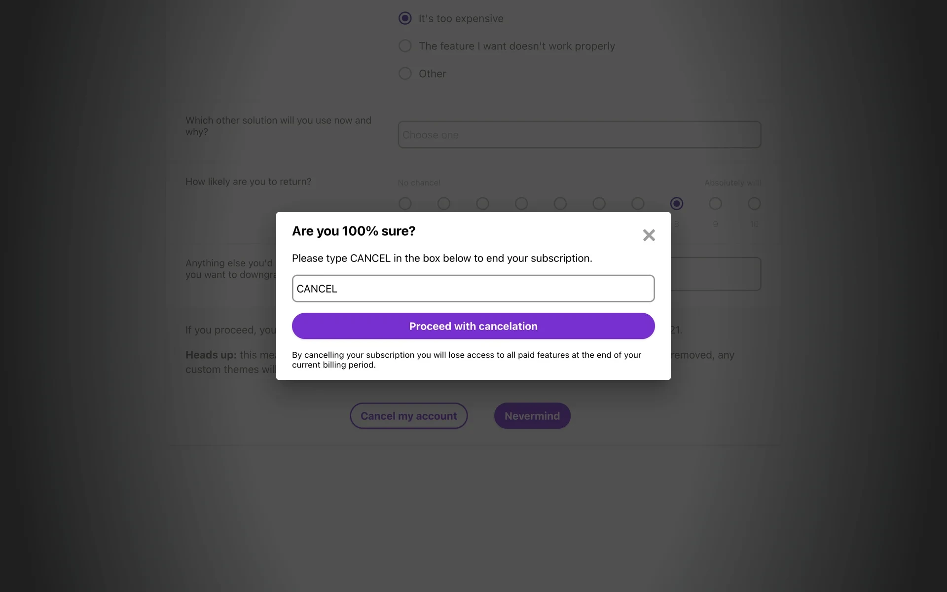 Linktree "Are you 100% sure?" modal asking the user to type CANCEL in a box to end the subscription, with CANCEL entered and a purple "Proceed with cancelation" button now active