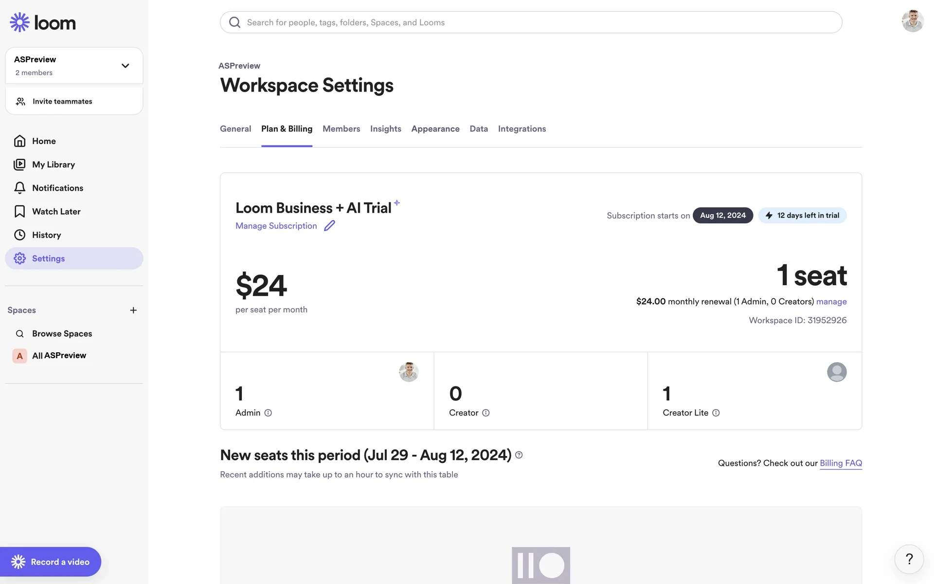 Loom Workspace Settings on the Plan & Billing tab showing a Loom Business + AI Trial card, Manage Subscription link with a pencil icon, $24 per seat per month, 1 seat, and a seat breakdown for Admin, Creator, and Creator Lite
