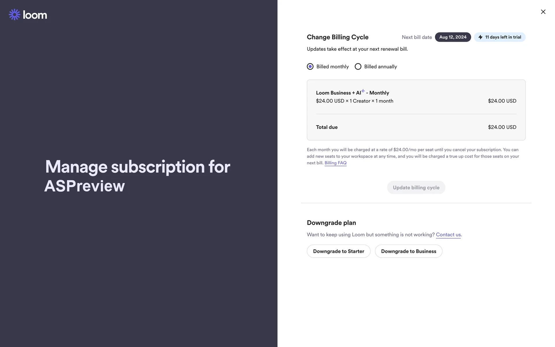 Full-page Manage subscription for [Workspace] view. Change Billing Cycle section on top with Billed monthly and Billed annually radio buttons and an Update billing cycle button. Below it a Downgrade plan section with Downgrade to Starter and Downgrade to Business buttons