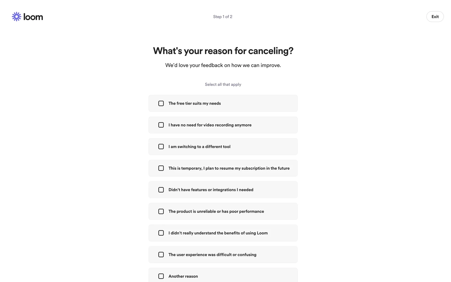 Loom cancellation reason selection page (Step 1 of 2) titled "What's your reason for canceling?" with nine checkbox options including The free tier suits my needs, I have no need for video recording anymore, I am switching to a different tool, and Another reason
