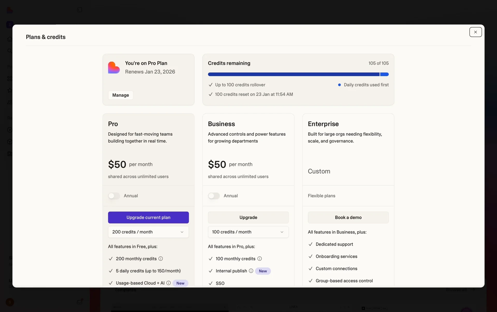 Lovable "Plans & credits" screen with a "You're on Pro Plan" card, a Renews date, a Manage button, and a "Credits remaining" bar reading 105 of 105 with "Up to 100 credits rollover" and "Daily credits used first"