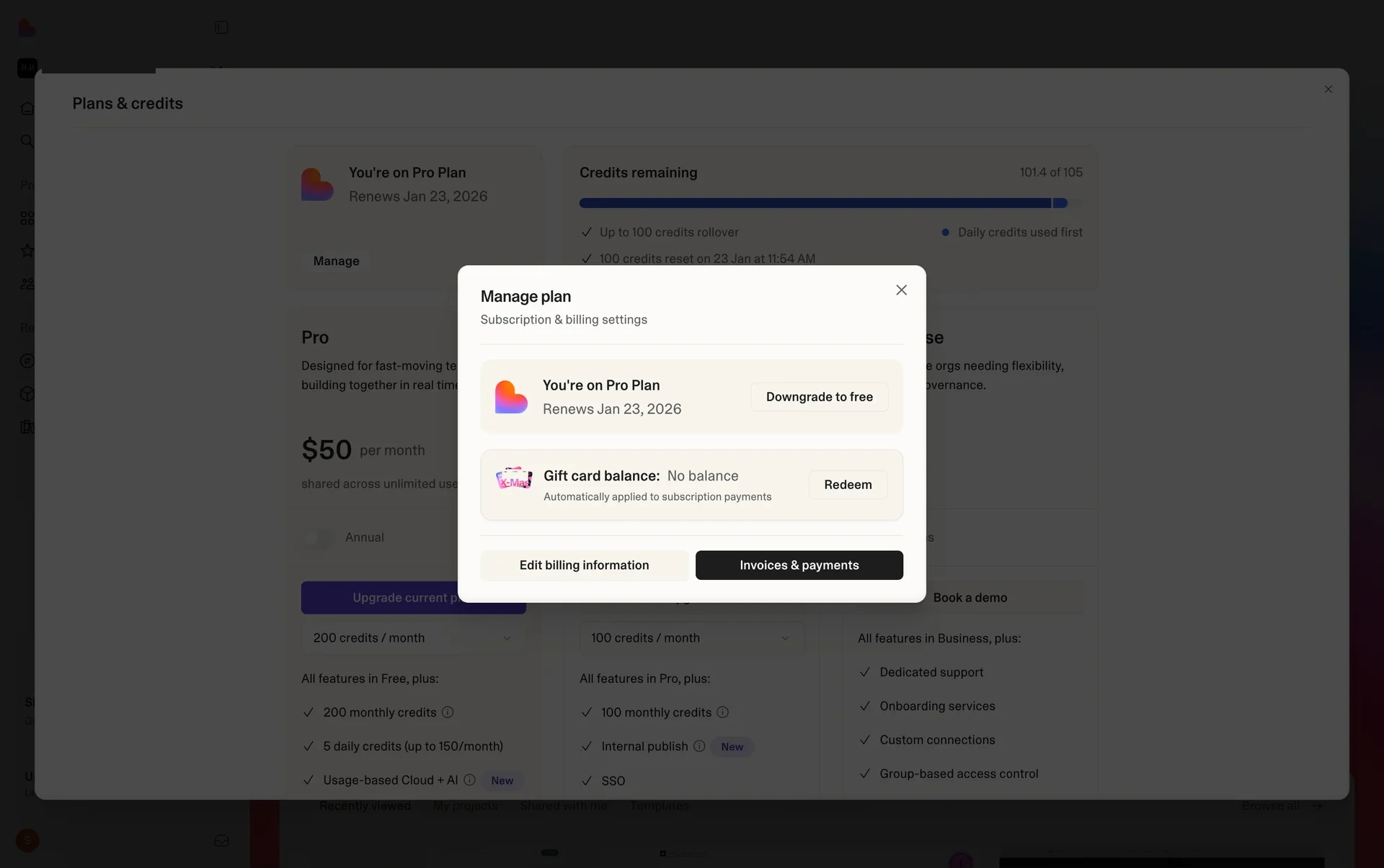 Lovable "Manage plan — Subscription & billing settings" dialog showing "You're on Pro Plan" with a Downgrade to free button, a Gift card balance row, and Edit billing information / Invoices & payments buttons