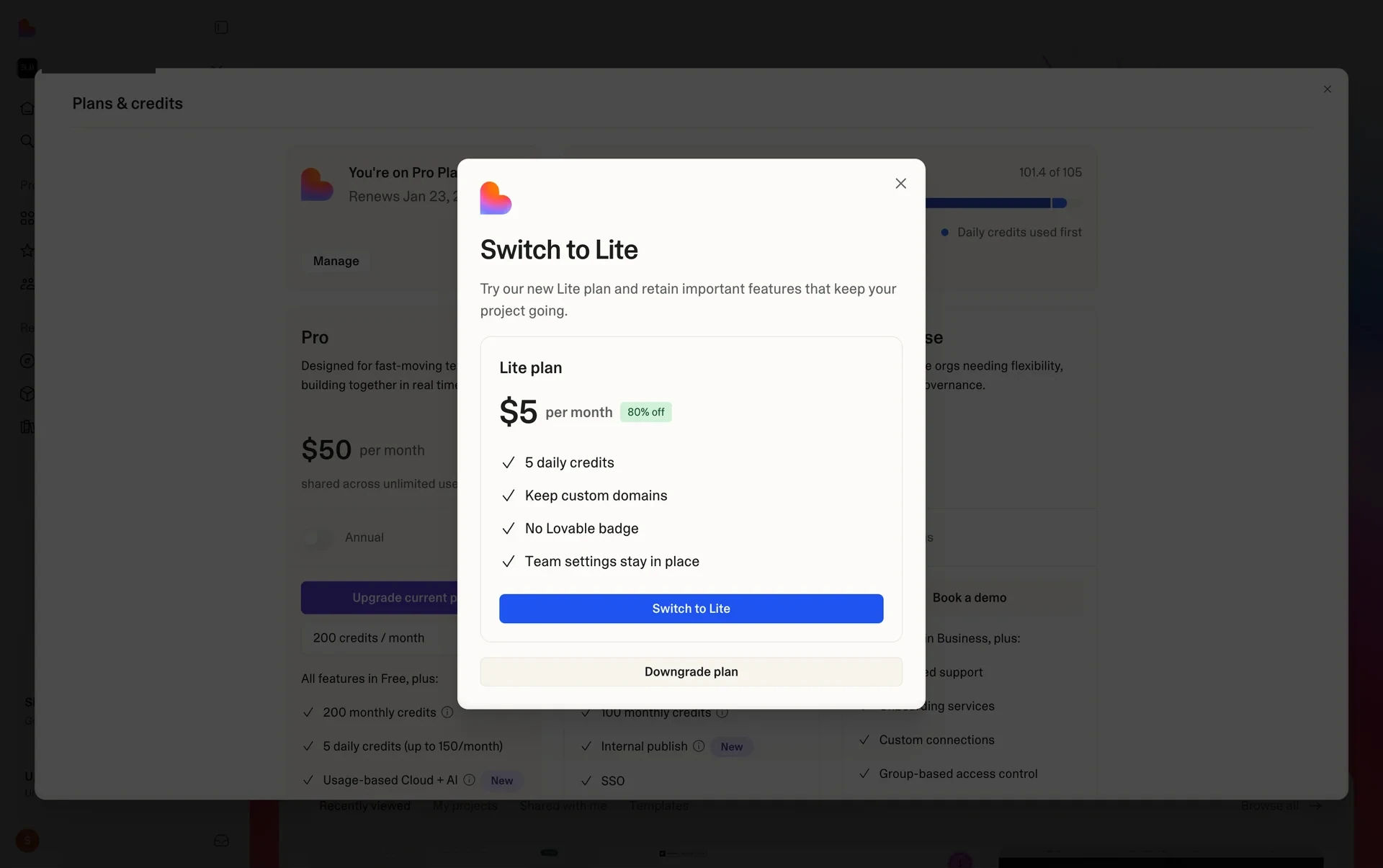 Lovable "Switch to Lite" save offer showing a Lite plan at $5 per month (80% off) with 5 daily credits, Keep custom domains, No Lovable badge, and Team settings stay in place; a blue Switch to Lite button and a Downgrade plan link below