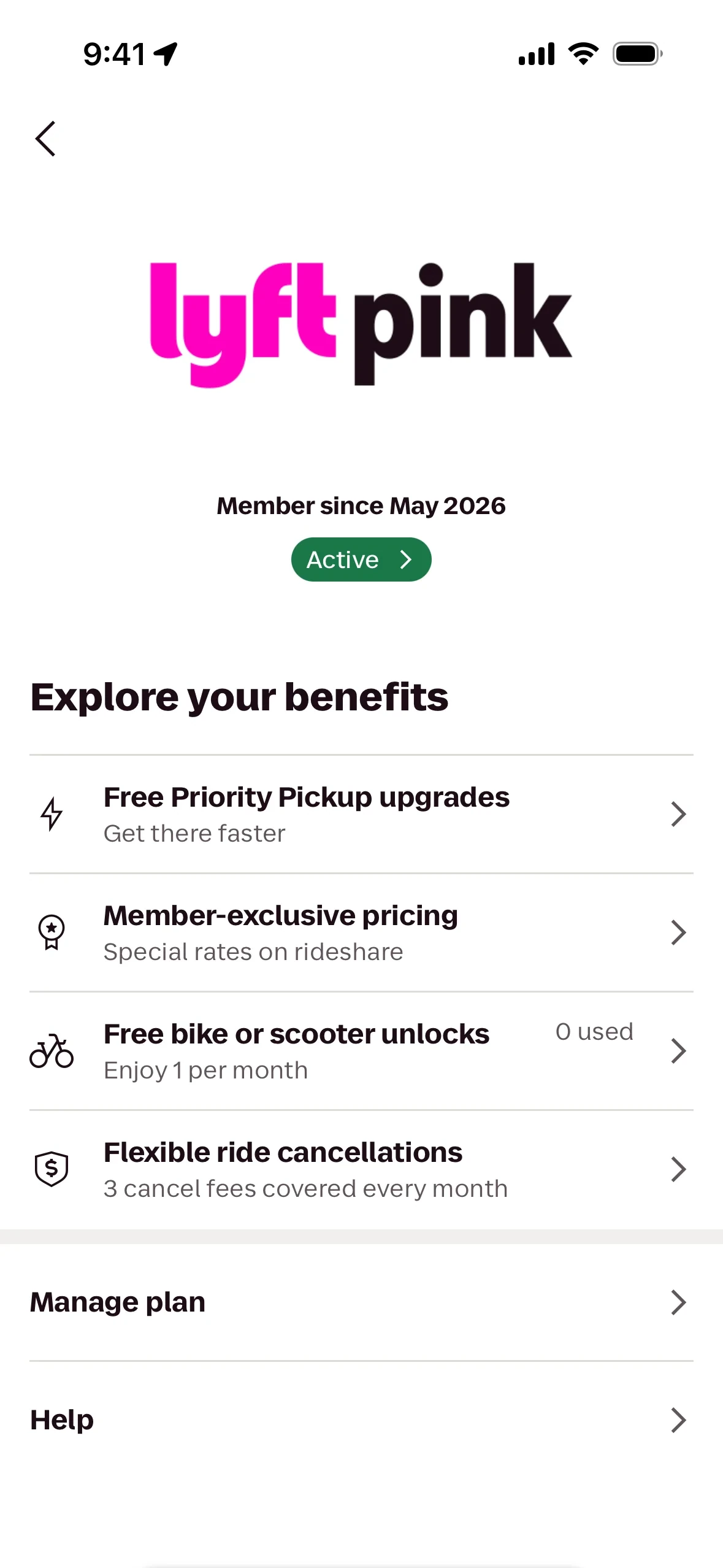 Lyft Pink hub showing the lyft pink logo, Member since May 2026, a green Active badge, Explore your benefits rows including Free bike or scooter unlocks with 0 used, plus Manage plan and Help at the bottom