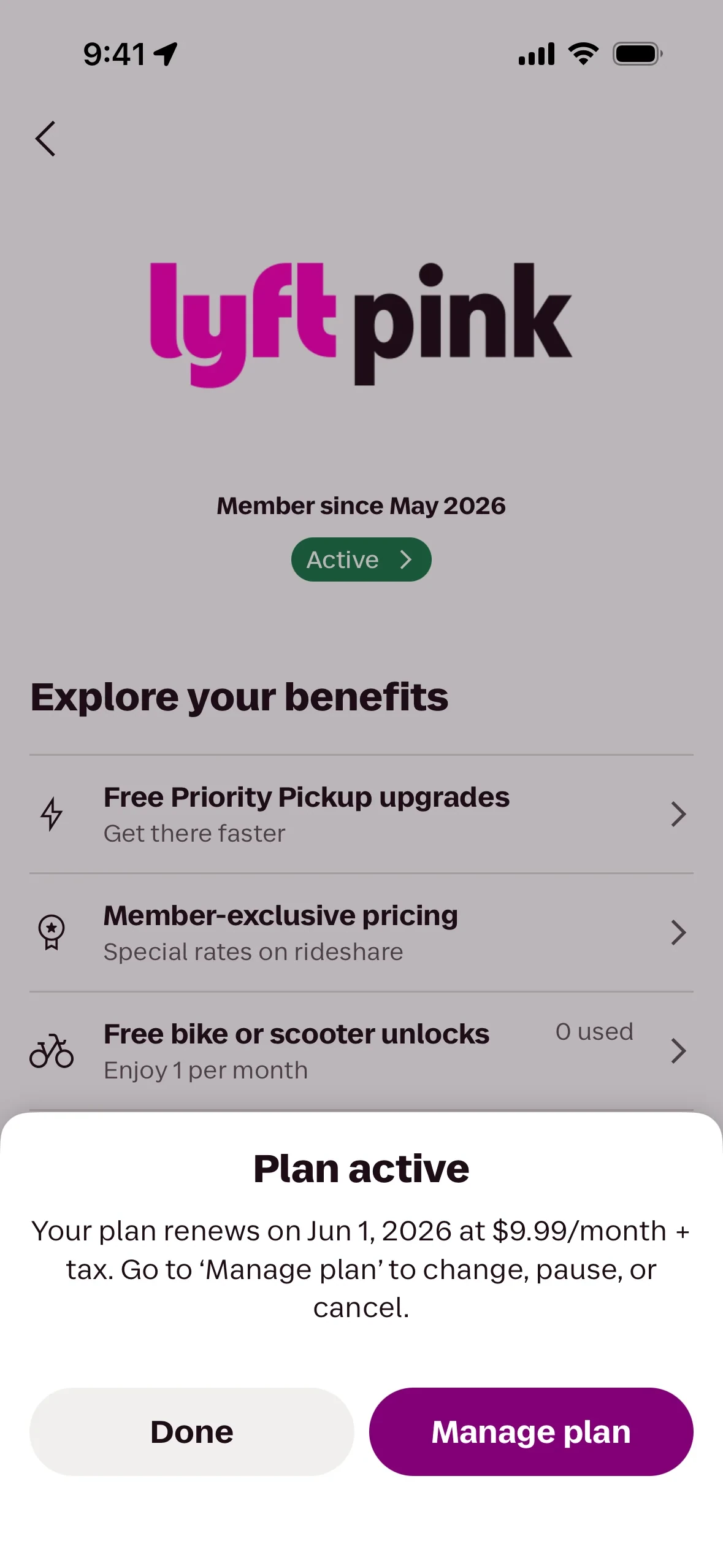 Lyft Pink Plan active bottom sheet stating the plan renews on Jun 1, 2026 at $9.99/month + tax, with Done and a purple Manage plan button