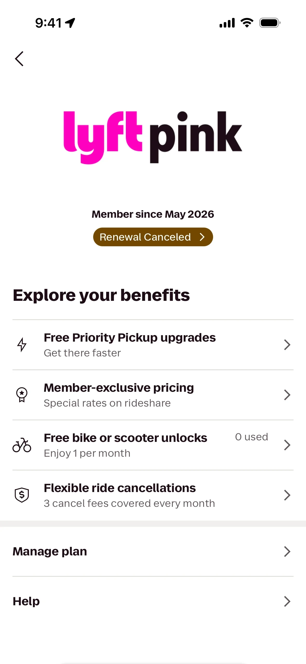 Lyft Pink hub after cancel showing Member since May 2026, a brown Renewal Canceled badge, the same Explore your benefits list with 0 used unlocks, and Manage plan and Help rows