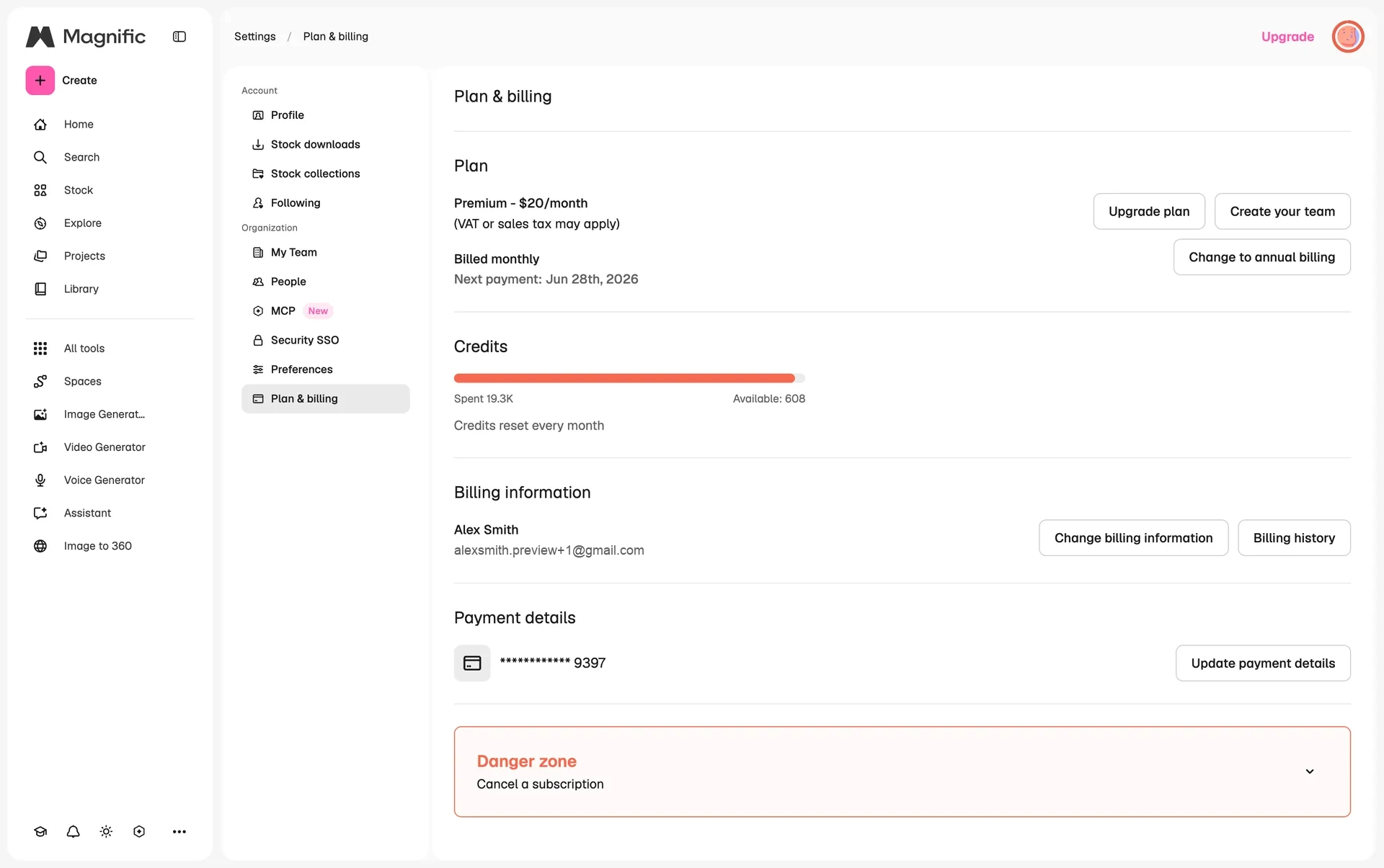 Magnific Settings > Plan & billing page on a Premium plan at $20/month billed monthly with a next payment of Jun 28th, 2026, a Credits bar showing 19.3K spent and 608 available, Billing information and Payment details sections, and a collapsed Danger zone box reading Cancel a subscription at the bottom
