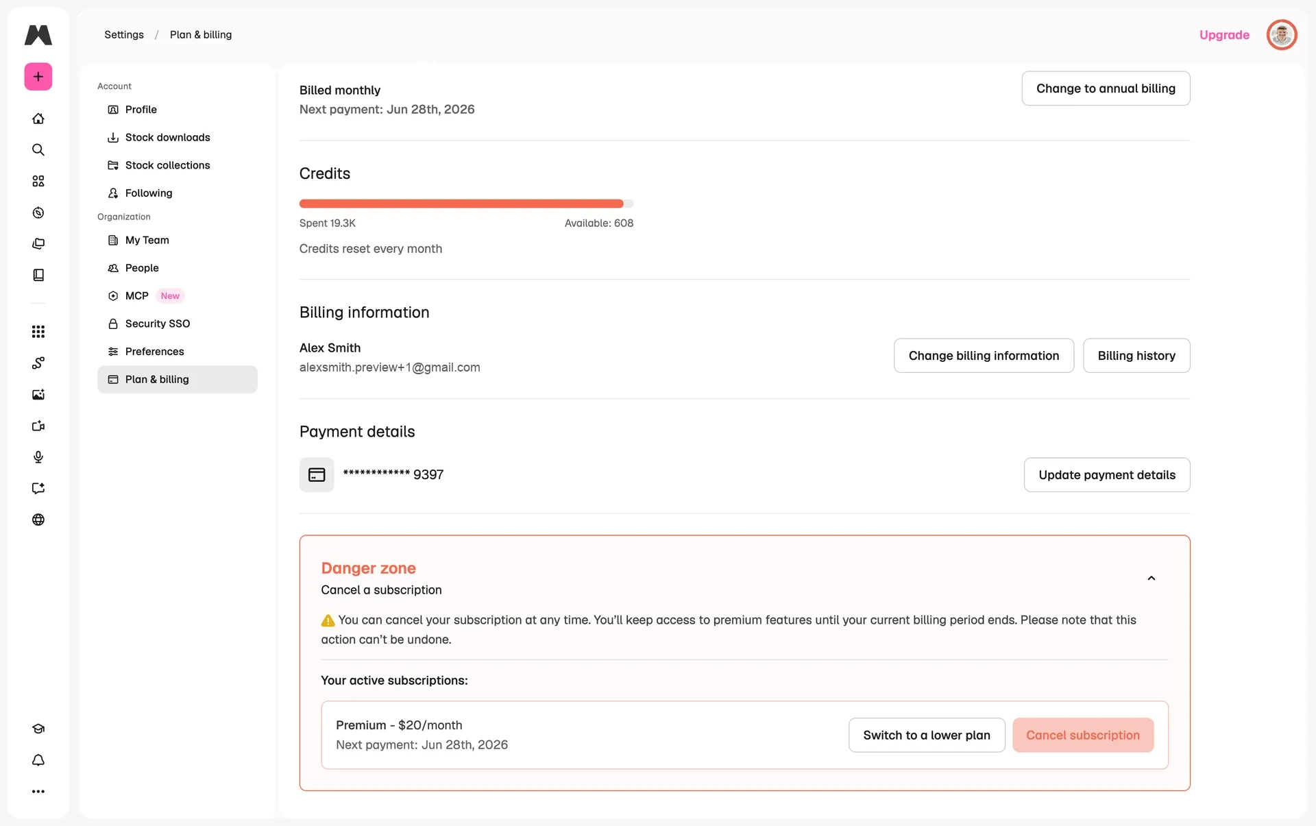 Expanded Danger zone on Plan & billing with a warning that you keep premium features until the current billing period ends and that the action can't be undone, and a Your active subscriptions card for Premium - $20/month, next payment Jun 28th, 2026, with Switch to a lower plan and Cancel subscription buttons