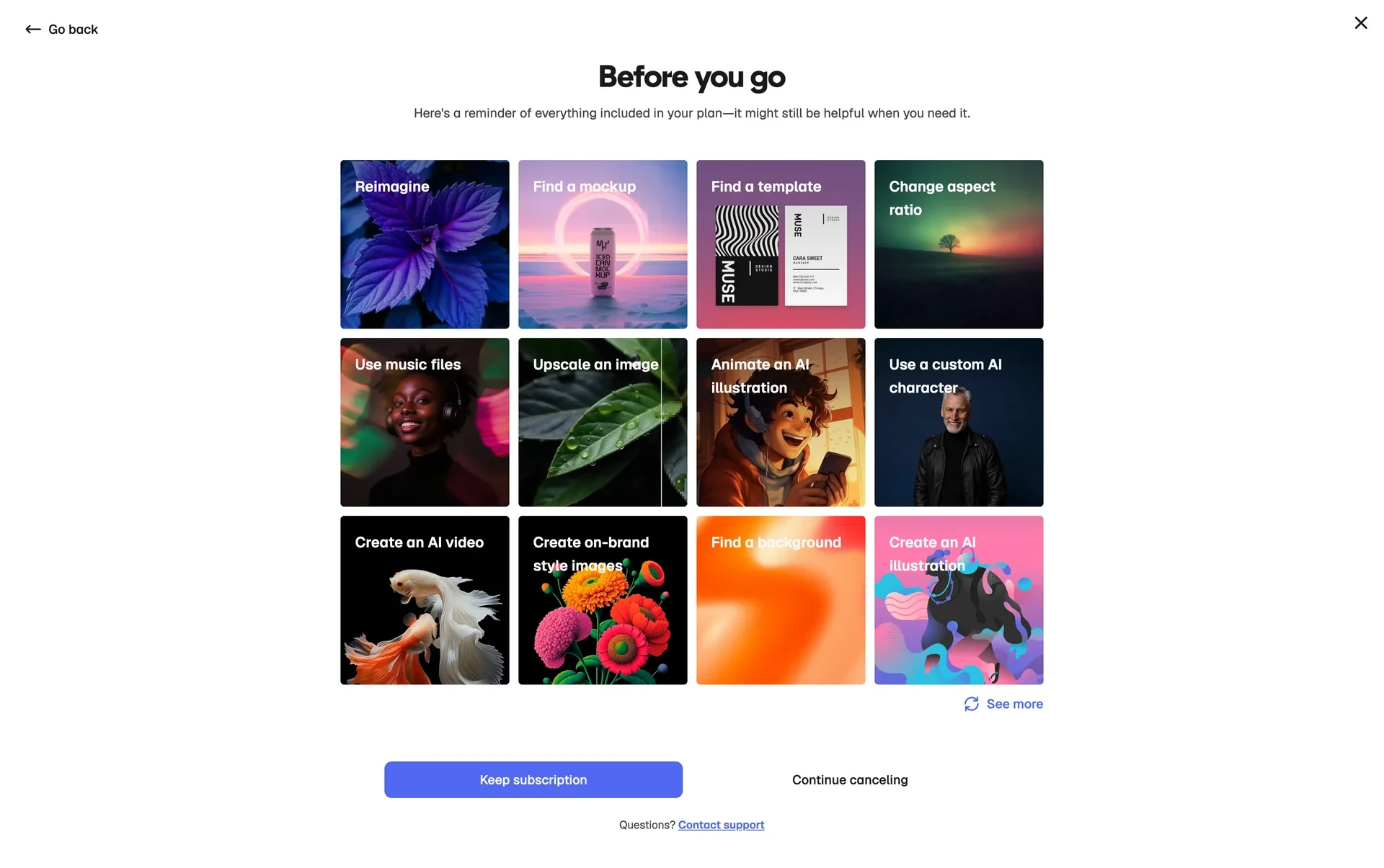 Magnific Before you go page with a grid of twelve plan features including Reimagine, Find a mockup, Upscale an image, Create an AI video and Create an AI illustration, a See more link, a blue Keep subscription button and a plain Continue canceling link