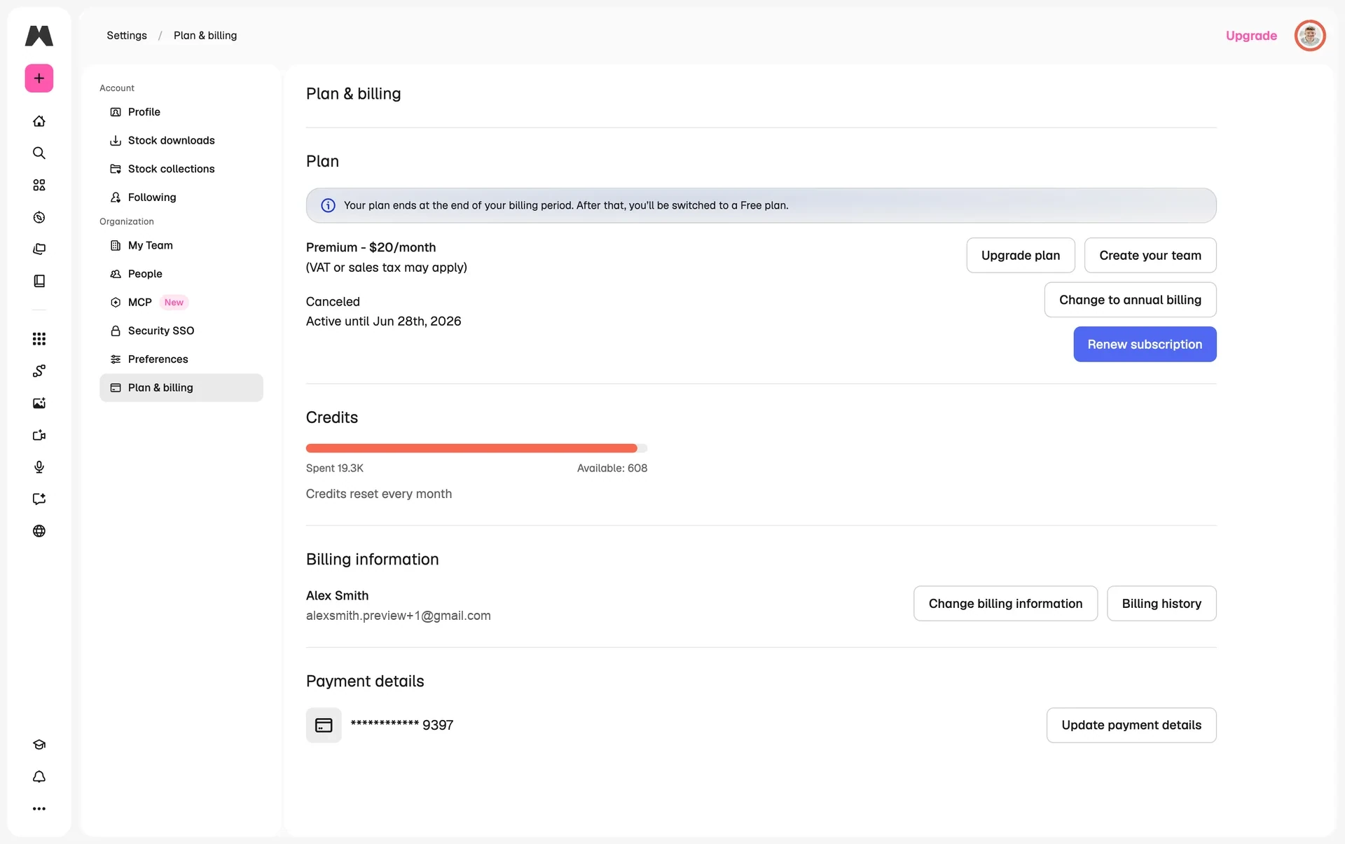 Magnific Plan & billing after canceling, with a banner saying the plan ends at the end of the billing period and switches to a Free plan, the Premium - $20/month plan marked Canceled and Active until Jun 28th, 2026, and a blue Renew subscription button