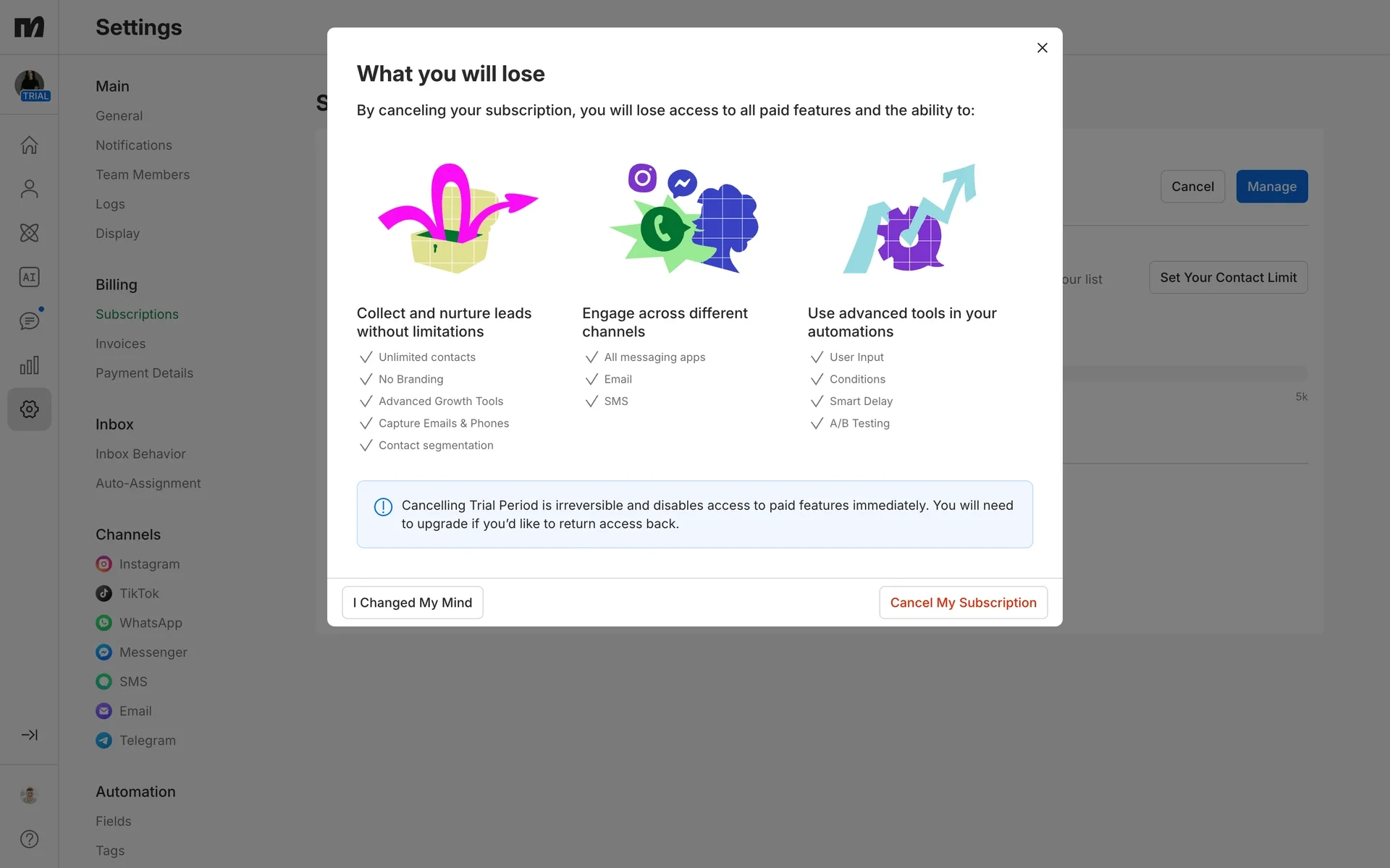 Manychat "What you will lose" screen listing paid features lost on cancellation across three columns (Collect and nurture leads, Engage across different channels, Use advanced tools in your automations) with a blue warning that cancelling the trial period is irreversible, and "I Changed My Mind" and a red "Cancel My Subscription" button