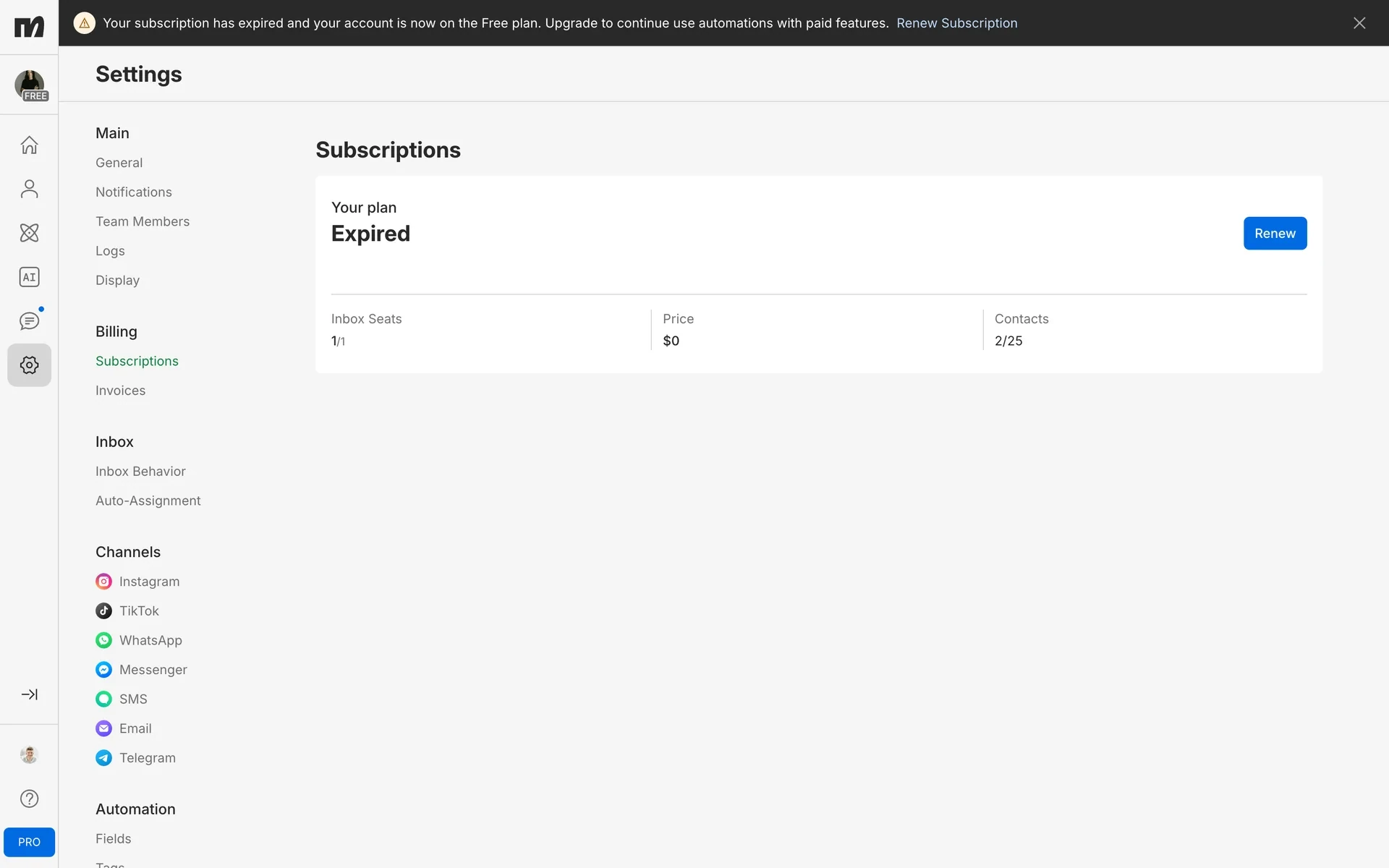 Manychat Subscriptions page after cancellation showing "Your plan: Expired" with a blue Renew button, Inbox Seats 1/1, Price $0, and Contacts 2/25, under a banner stating the subscription has expired and the account is on the Free plan