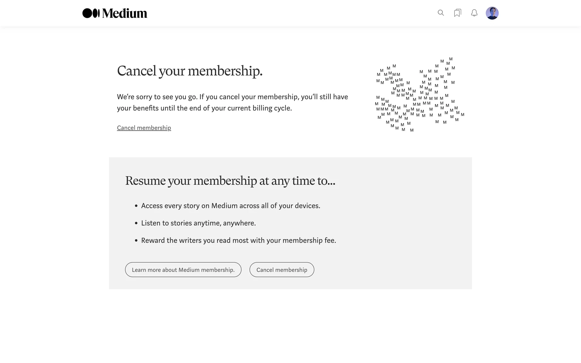 Medium "Cancel your membership." page with the body text "We're sorry to see you go. If you cancel your membership, you'll still have your benefits until the end of your current billing cycle." and a Cancel membership underlined link, plus a Resume callout below containing Learn more about Medium membership and Cancel membership pill buttons