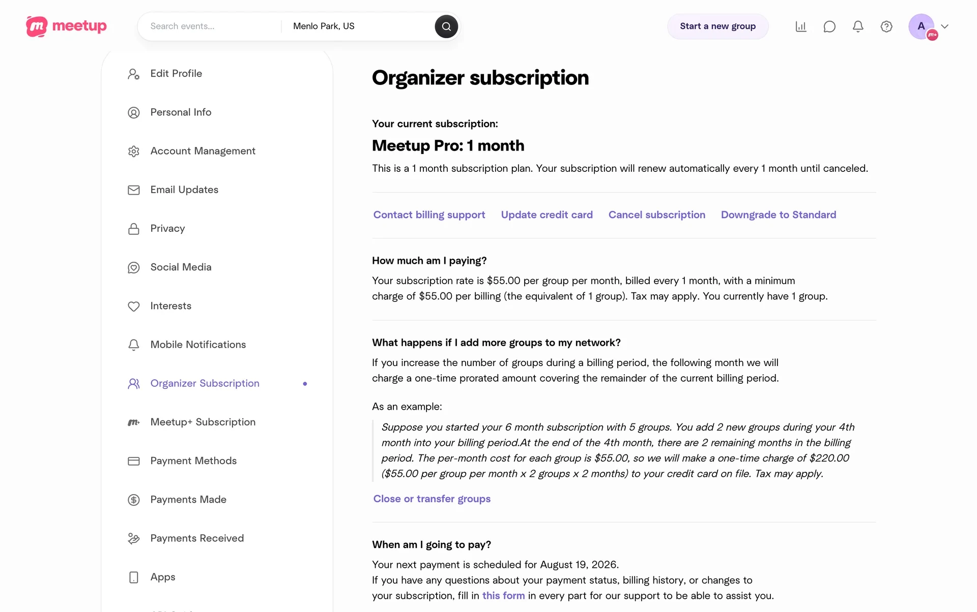 Meetup Organizer subscription page, shown here on a Meetup Pro 1 month plan at $55.00 per group per month, with Contact billing support, Update credit card, Cancel subscription and Downgrade to Standard links, and separate Organizer Subscription and Meetup+ Subscription entries in the left menu