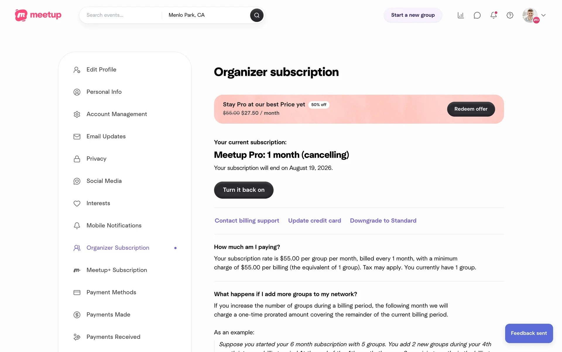 Meetup Organizer subscription page showing Meetup Pro: 1 month (cancelling), Your subscription will end on August 19, 2026, a Turn it back on button, and a Stay Pro at our best Price yet 50% off banner with a Redeem offer button