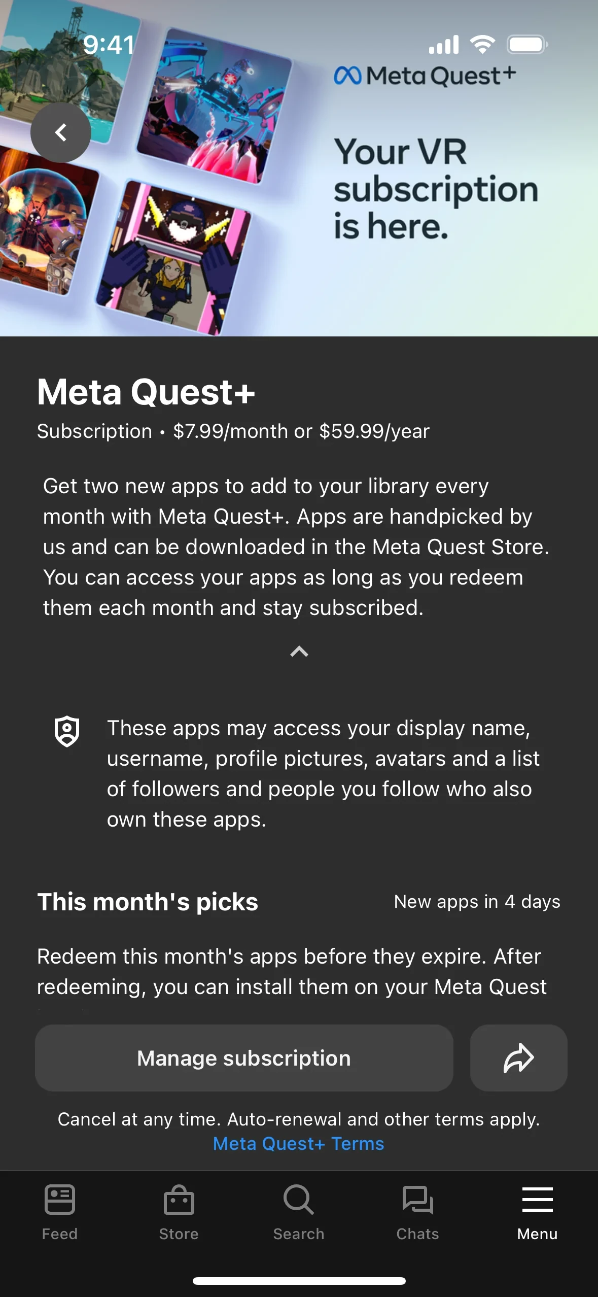 Meta Quest+ store listing in the iOS app showing "Subscription • $7.99/month or $59.99/year", a "This month's picks — Redeem this month's apps before they expire" section with a "New apps in 4 days" counter, and a Manage subscription button