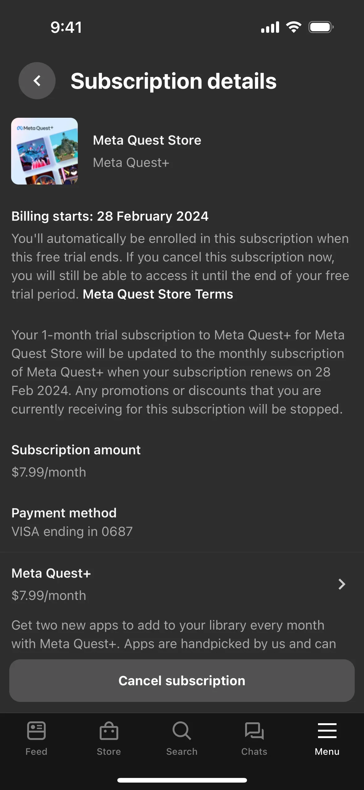 Subscription details page showing Meta Quest Store / Meta Quest+, "Billing starts: 28 February 2024", subscription amount $7.99/month, payment method VISA ending in 0687, and a Cancel subscription button at the bottom