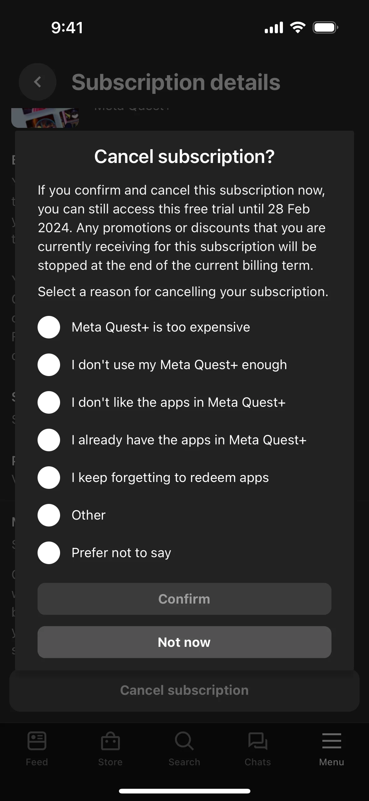 Cancel subscription? sheet with seven unselected radio options including "Meta Quest+ is too expensive", "I keep forgetting to redeem apps", Other and Prefer not to say, with the Confirm button greyed out and Not now active below it